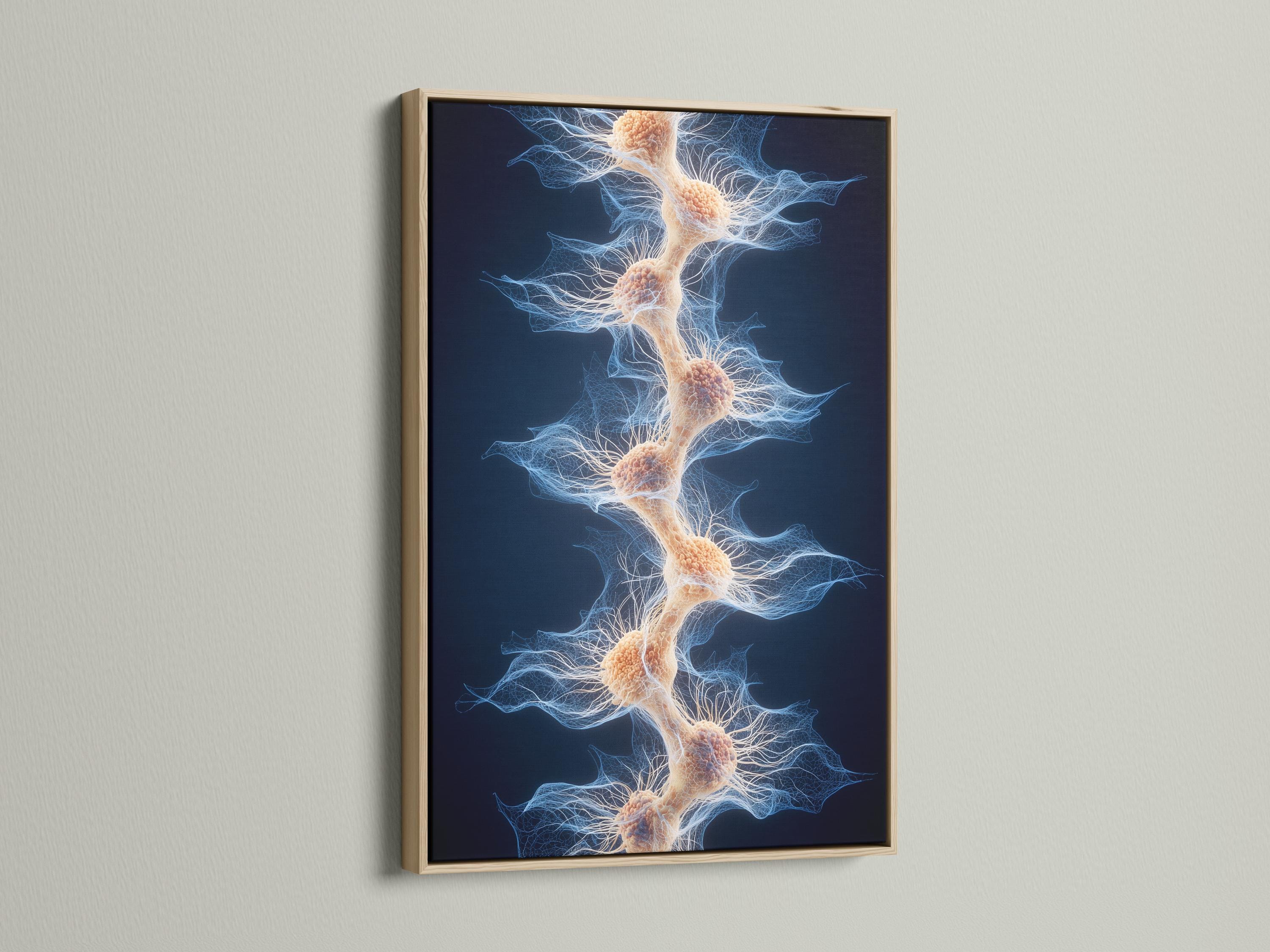Dark navy abstract filament network with pale blue lines and beige nodes detail view