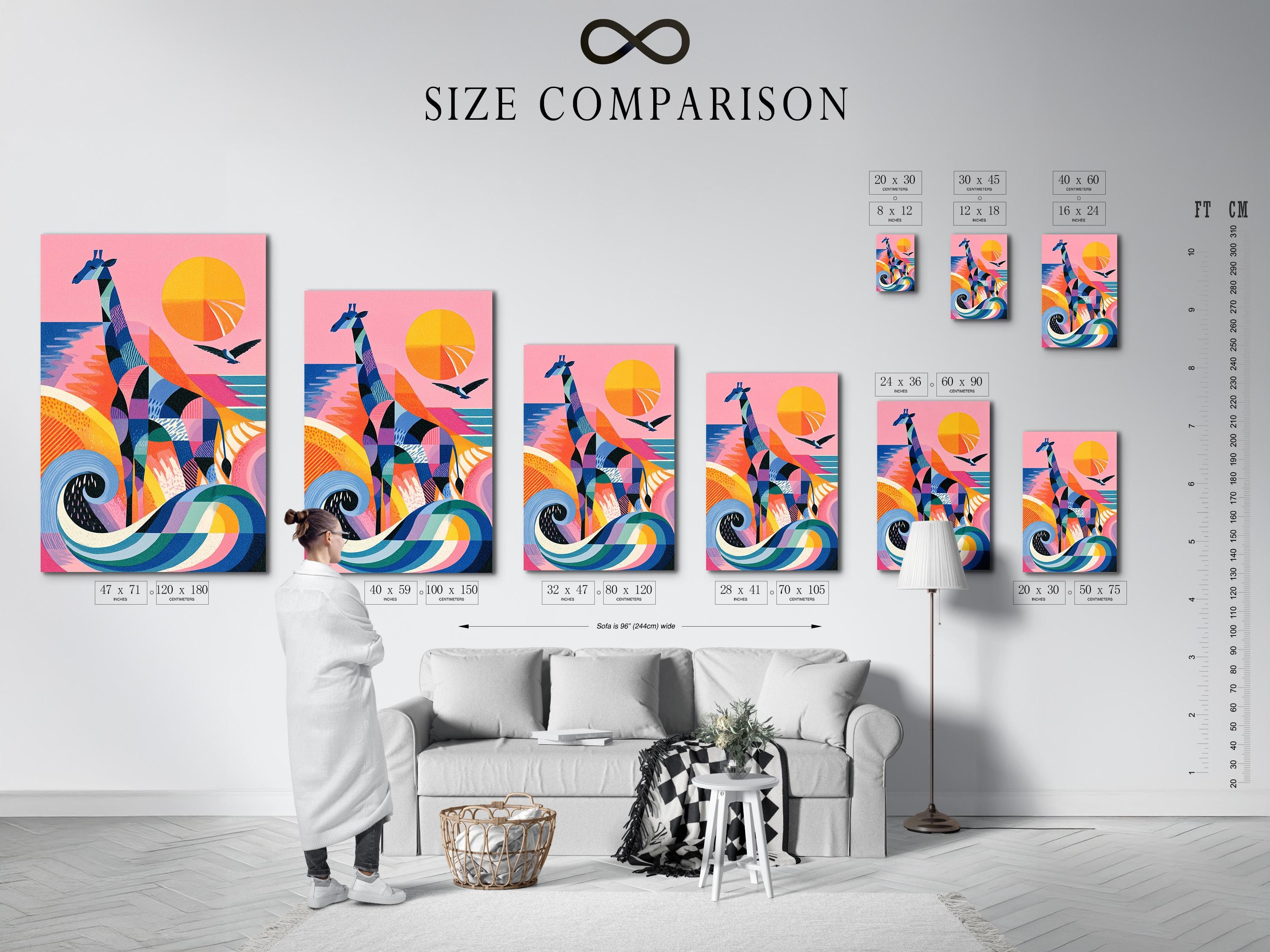 Colourful geometric giraffe artwork with birds in flight and a sun-like circle on a pink background detail view