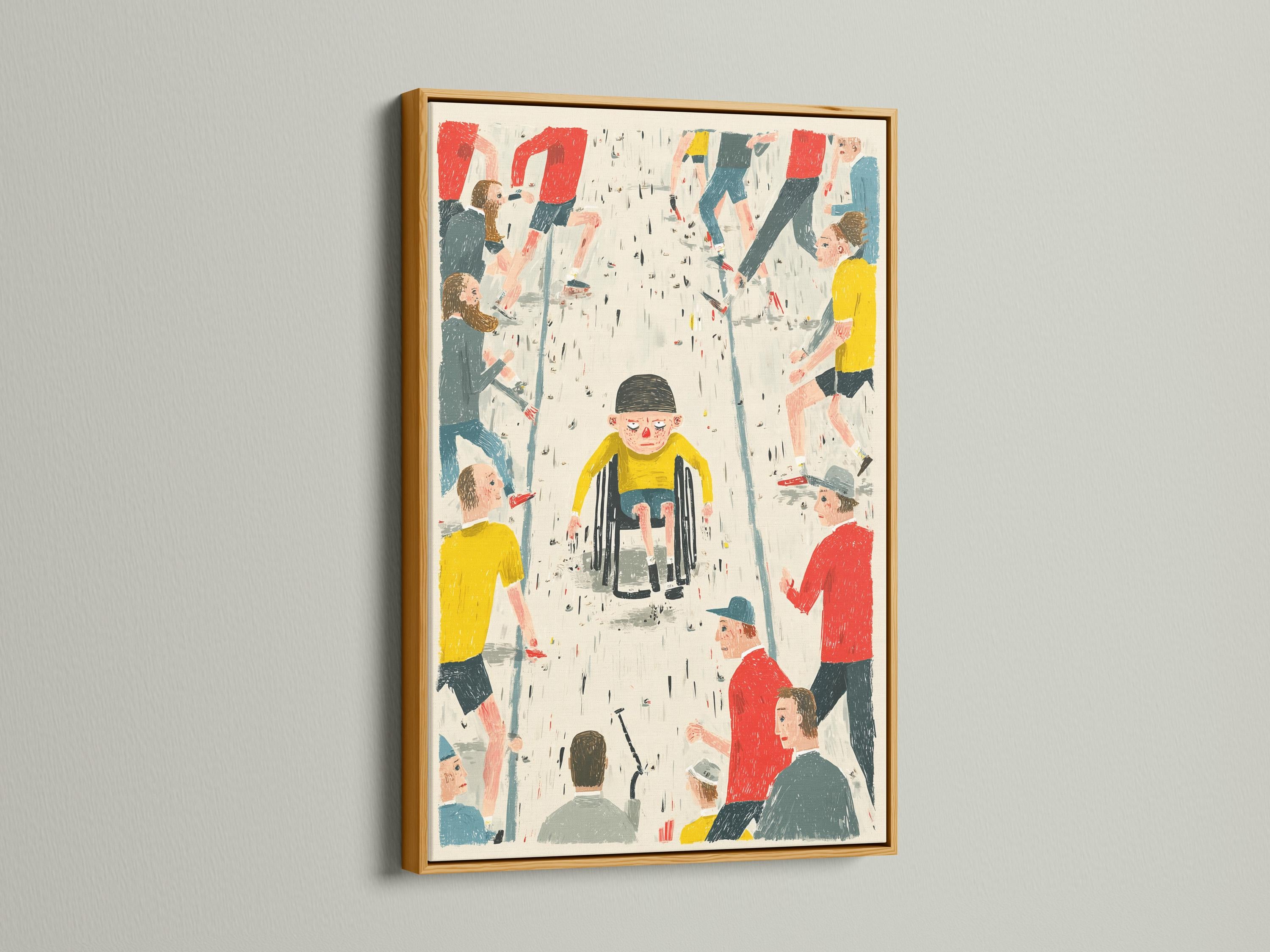Illustrated community crowd scene with people in red, yellow and blue-green and rain-like speckles detail view