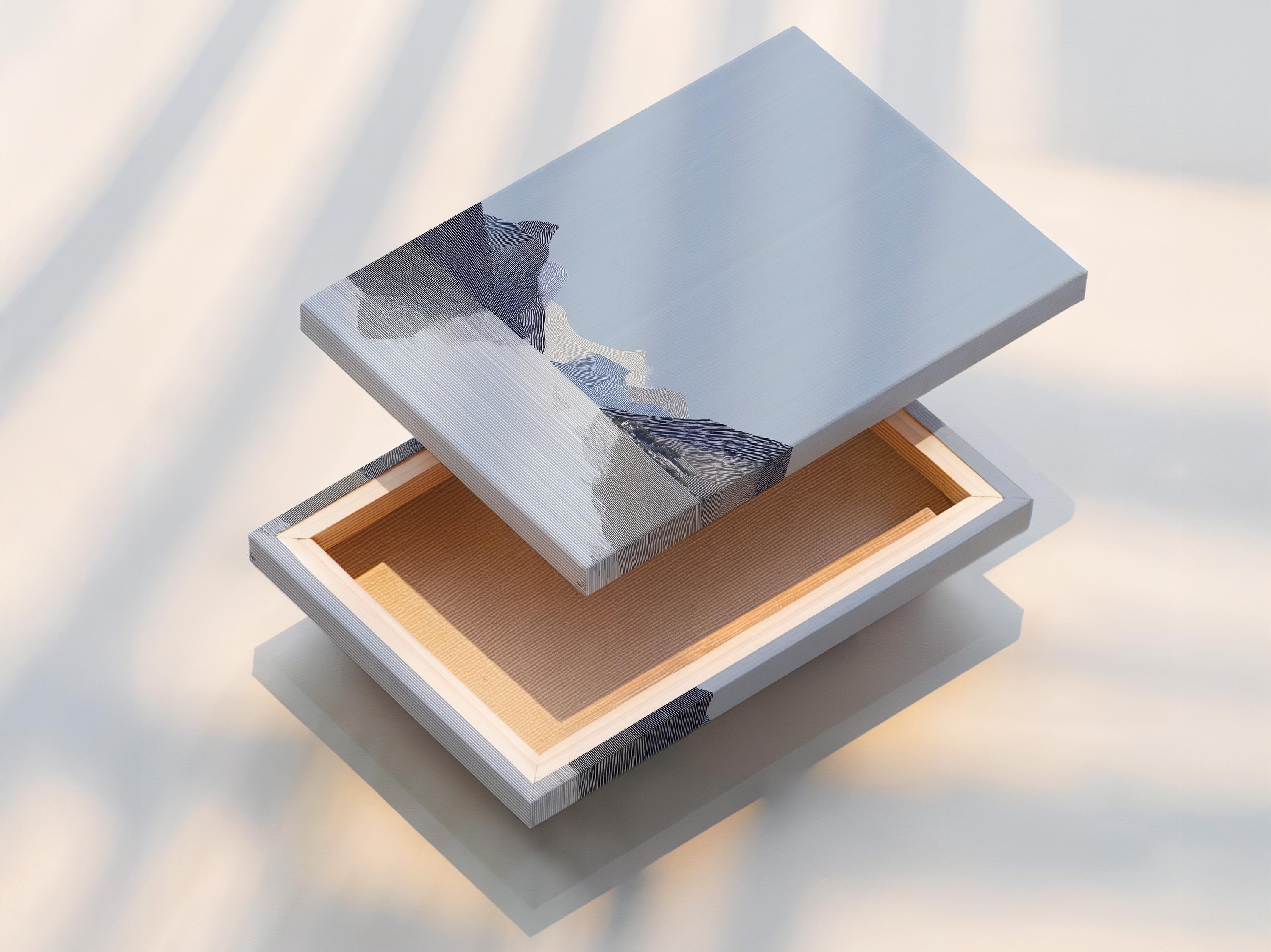 Person viewing an abstract mountain artwork in a modern room mockup