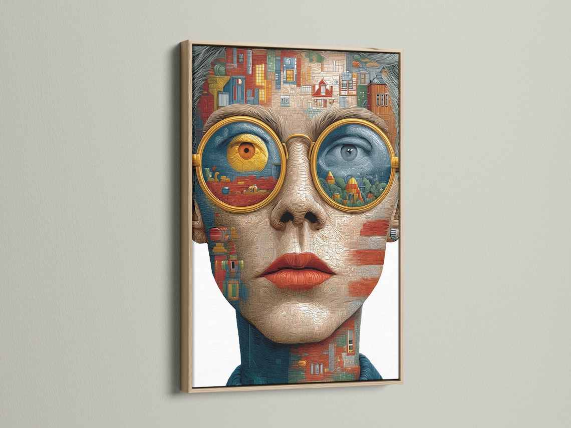 Surreal woman face artwork made from cityscape building details and oversized gold and blue eyes detail view