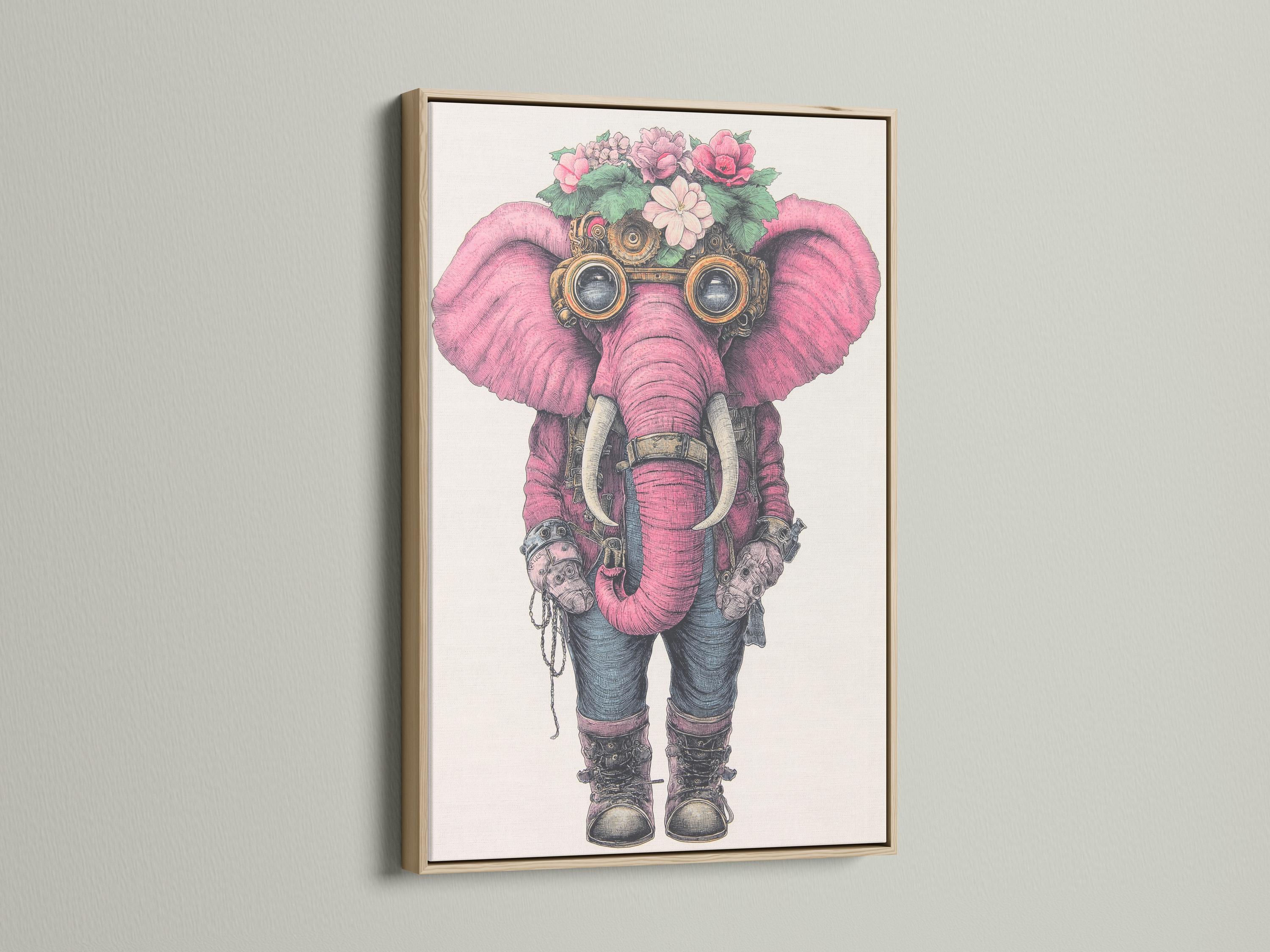Wall art mockup showing a framed pink elephant illustration with steampunk goggles