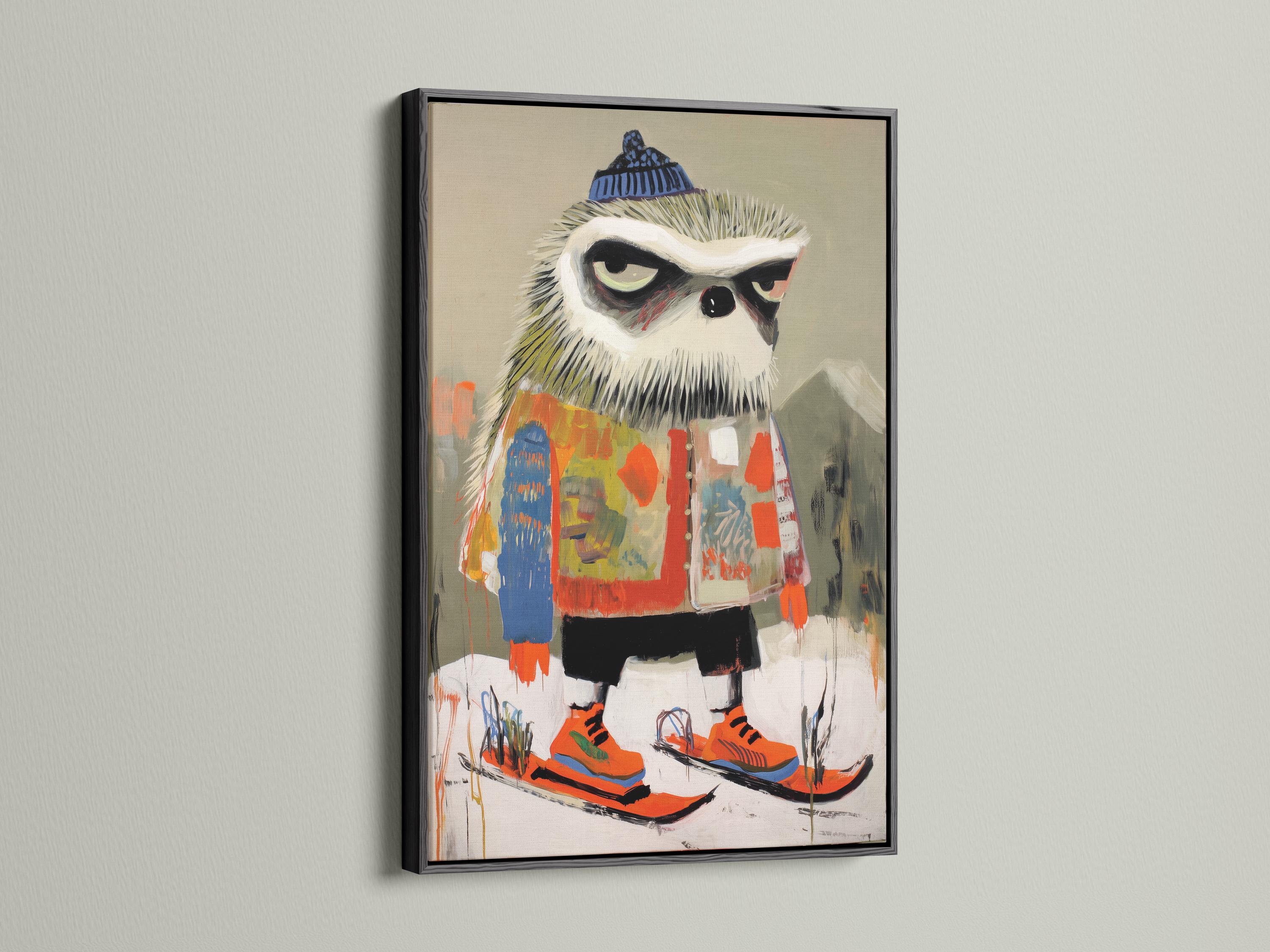 A stylised animal figure wearing a winter knit hat and skis is shown in a loose, painterly style with bright orange and blue accents detail view