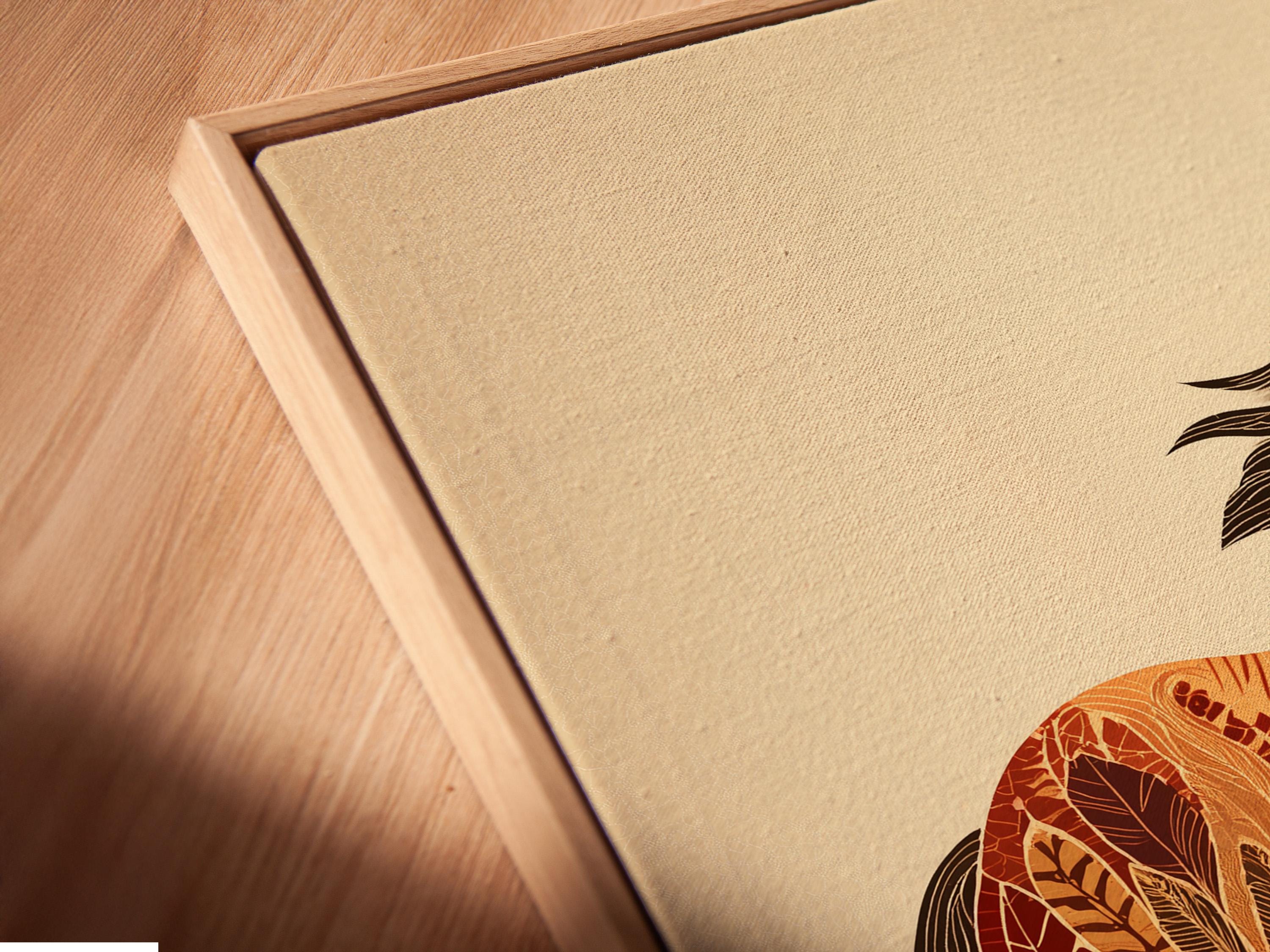 Mockup of a framed horse artwork with botanical leaf pattern on a pale beige background