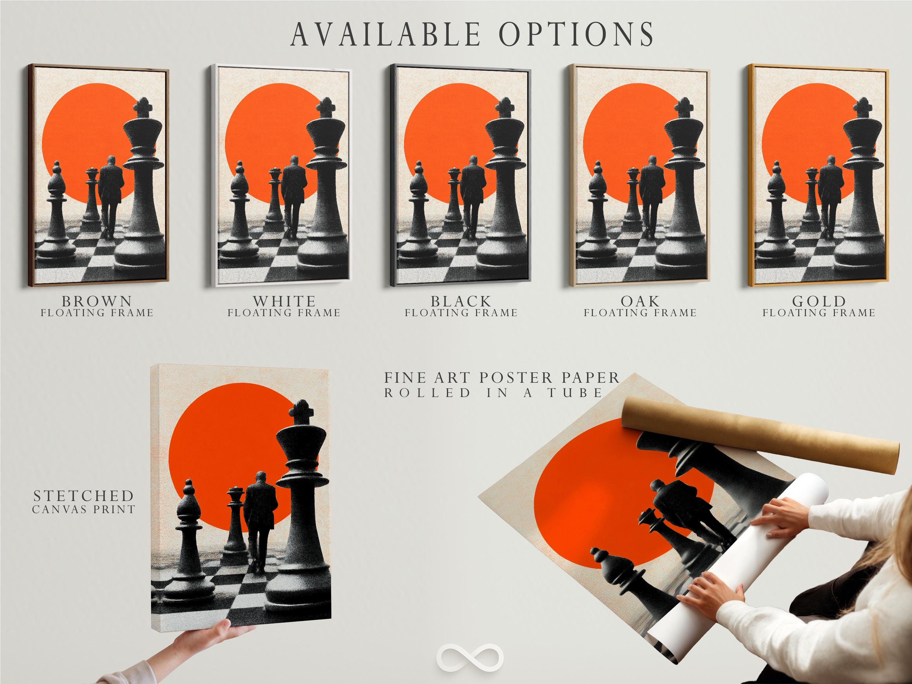 Chess canvas wall art in a frame, showing black pieces on a checkered floor with an orange circle backdrop