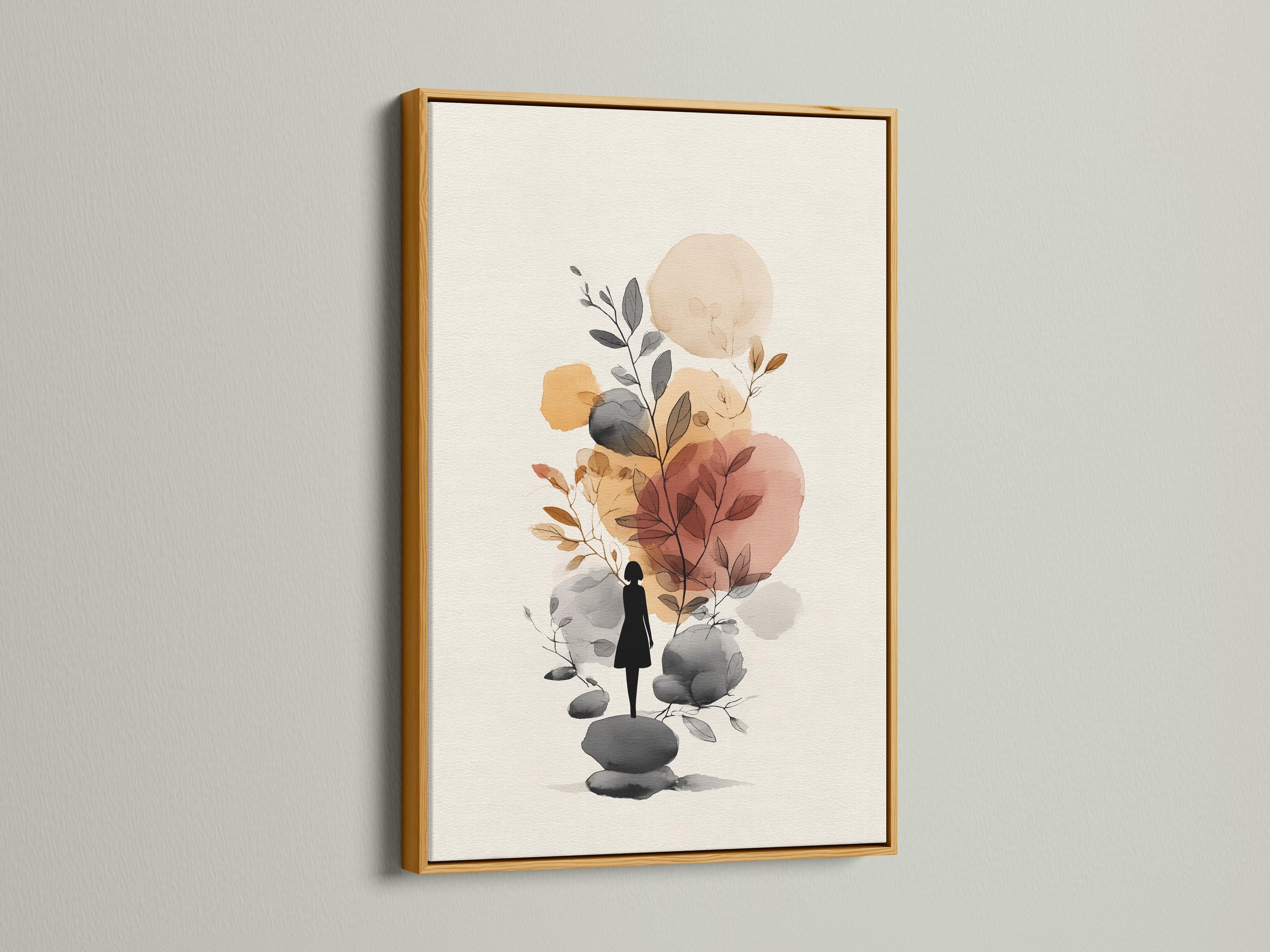 Minimalist botanical illustration with a woman silhouette, leaves, and rounded stones in neutral tones detail view