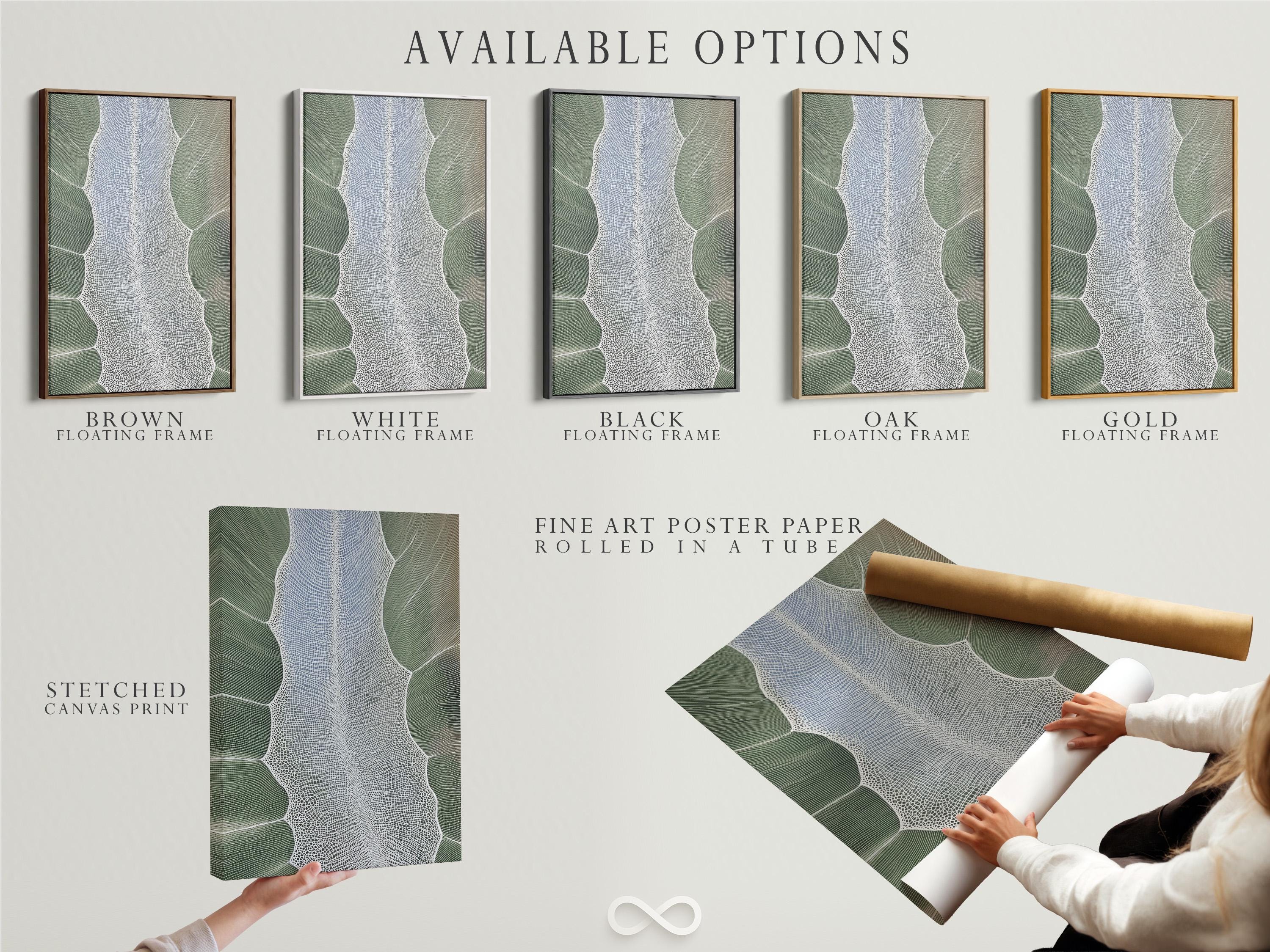 Sage green textured leaf silhouette artwork with a white net-like pattern detail view