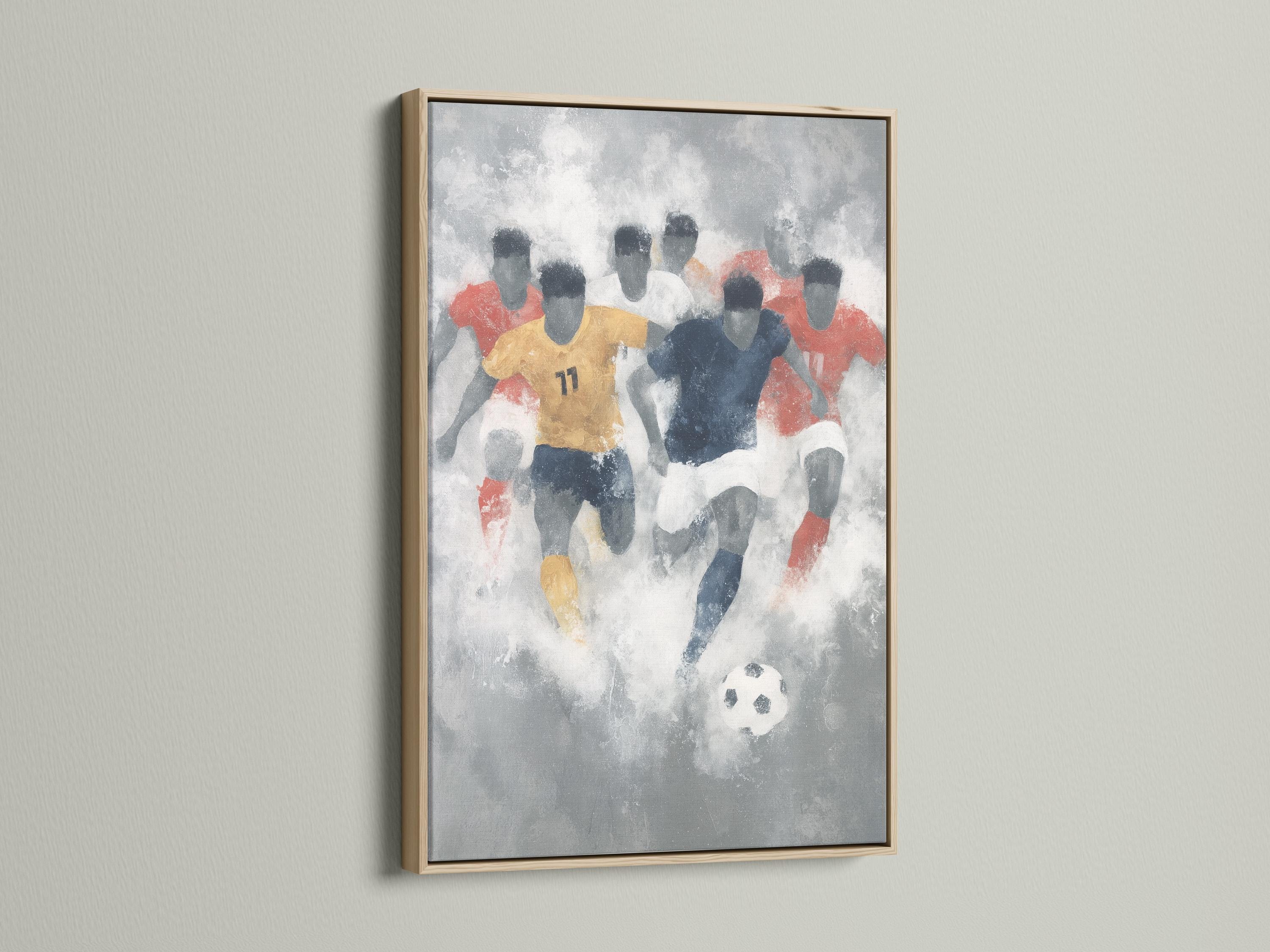Abstract football scene with stylised players in red and navy and a small black-and-white football detail view