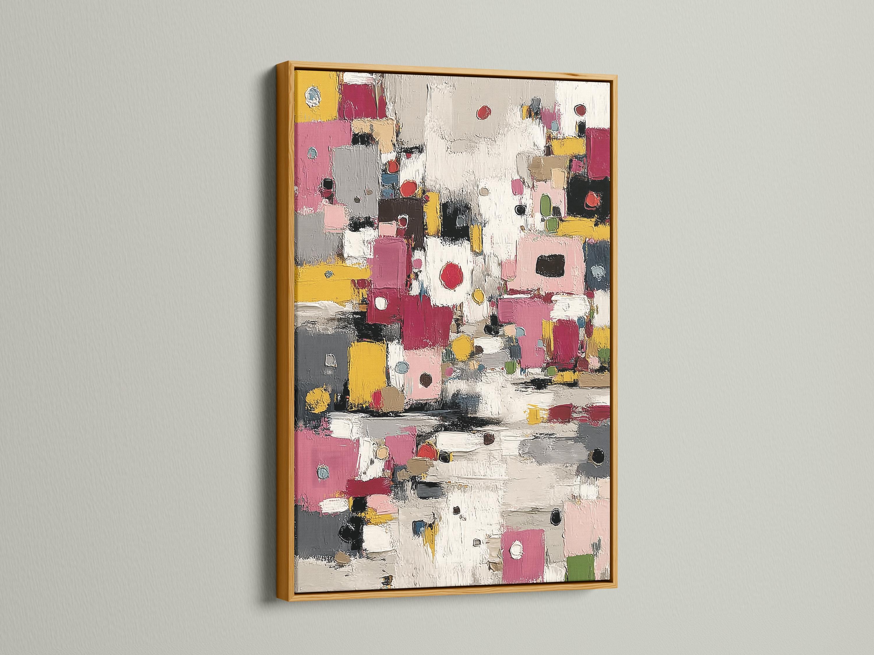 Textured abstract artwork with layered geometric blocks in pink, yellow, grey and black detail view