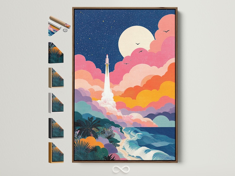 Retro rocket launching from a beach under a starry night sky with pink clouds and birds