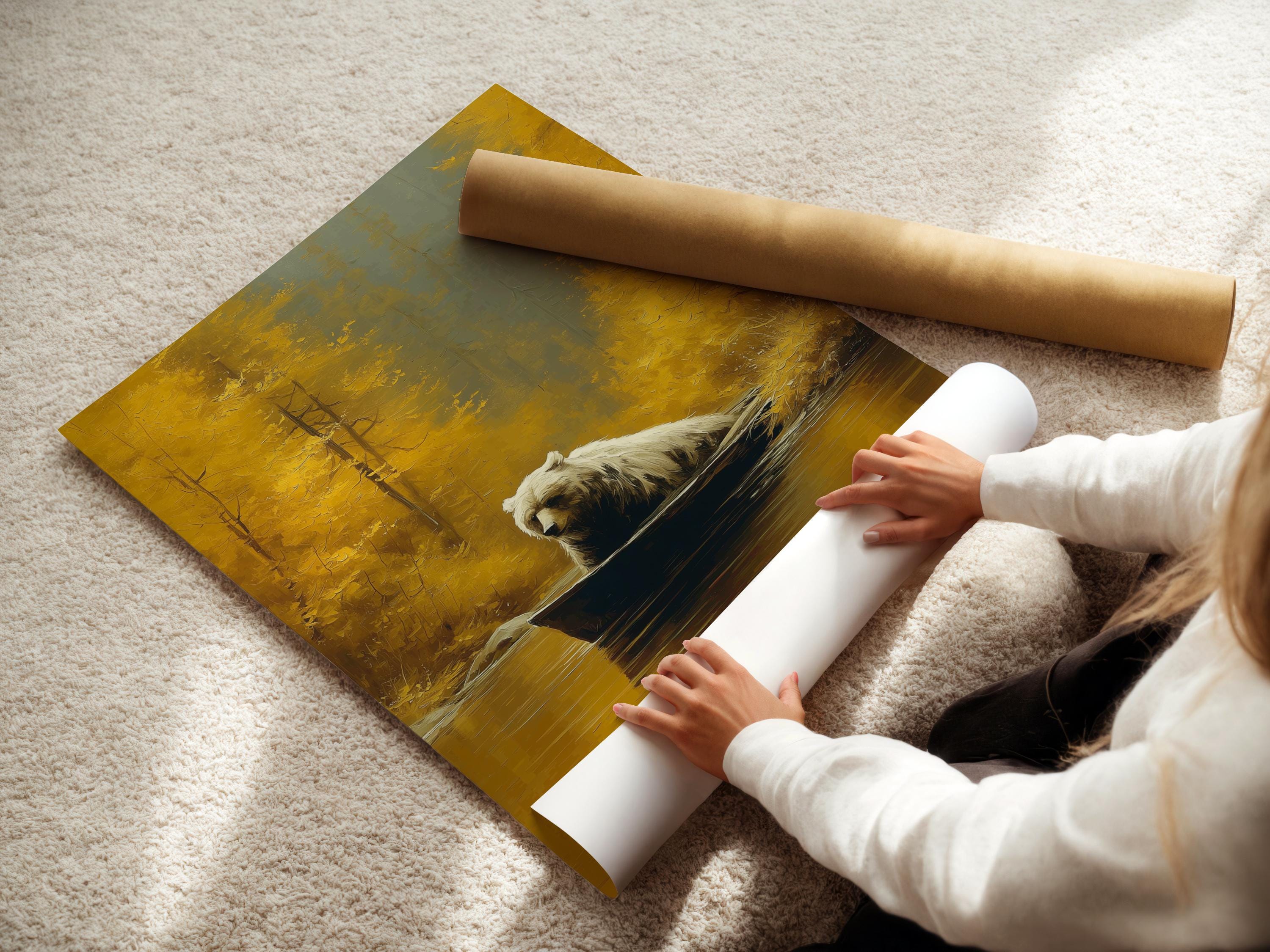 Wall mockup showing a framed bear-in-boat artwork against a light background