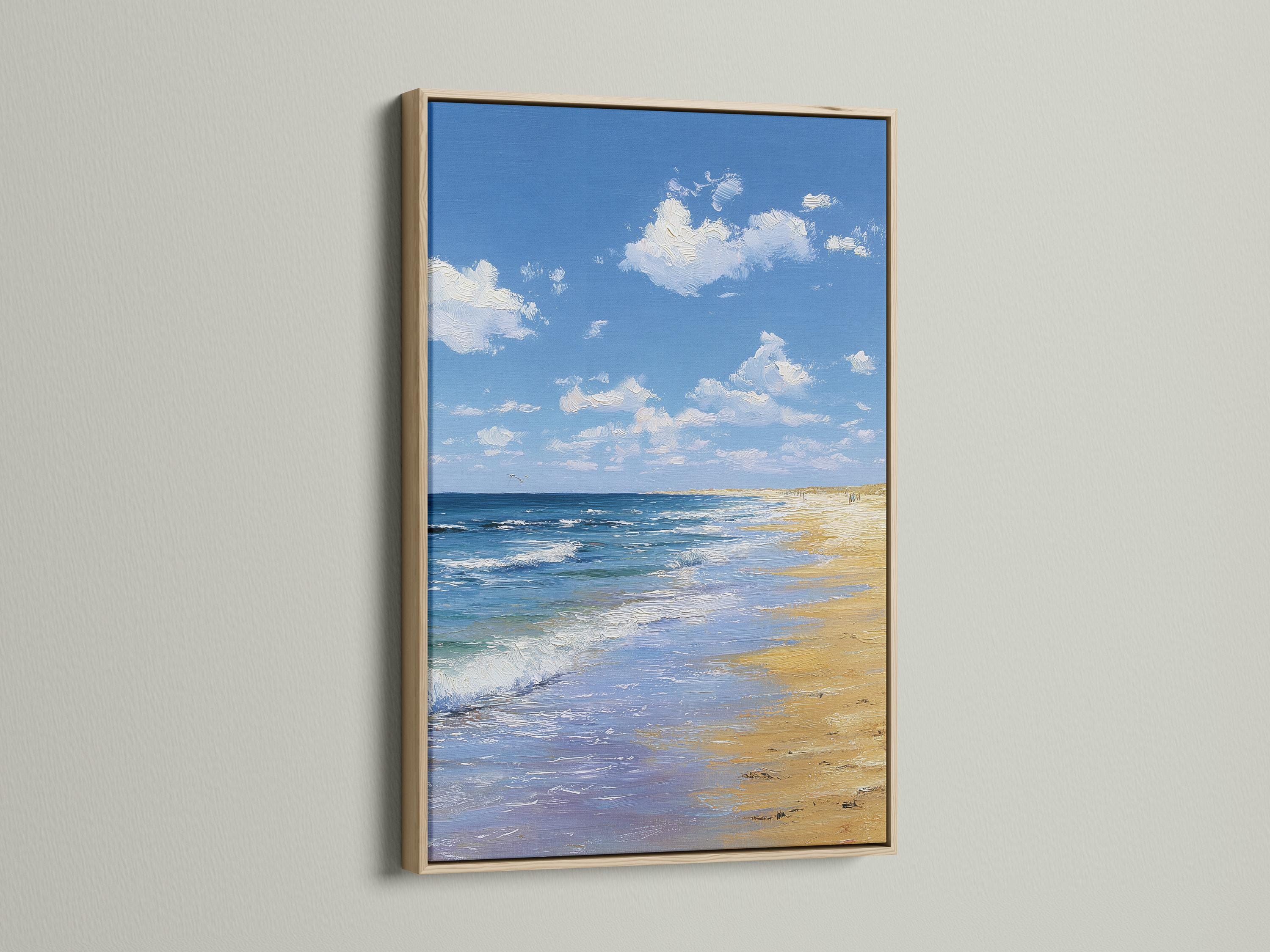 Room mockup showing a framed blue beach seascape artwork on a wall