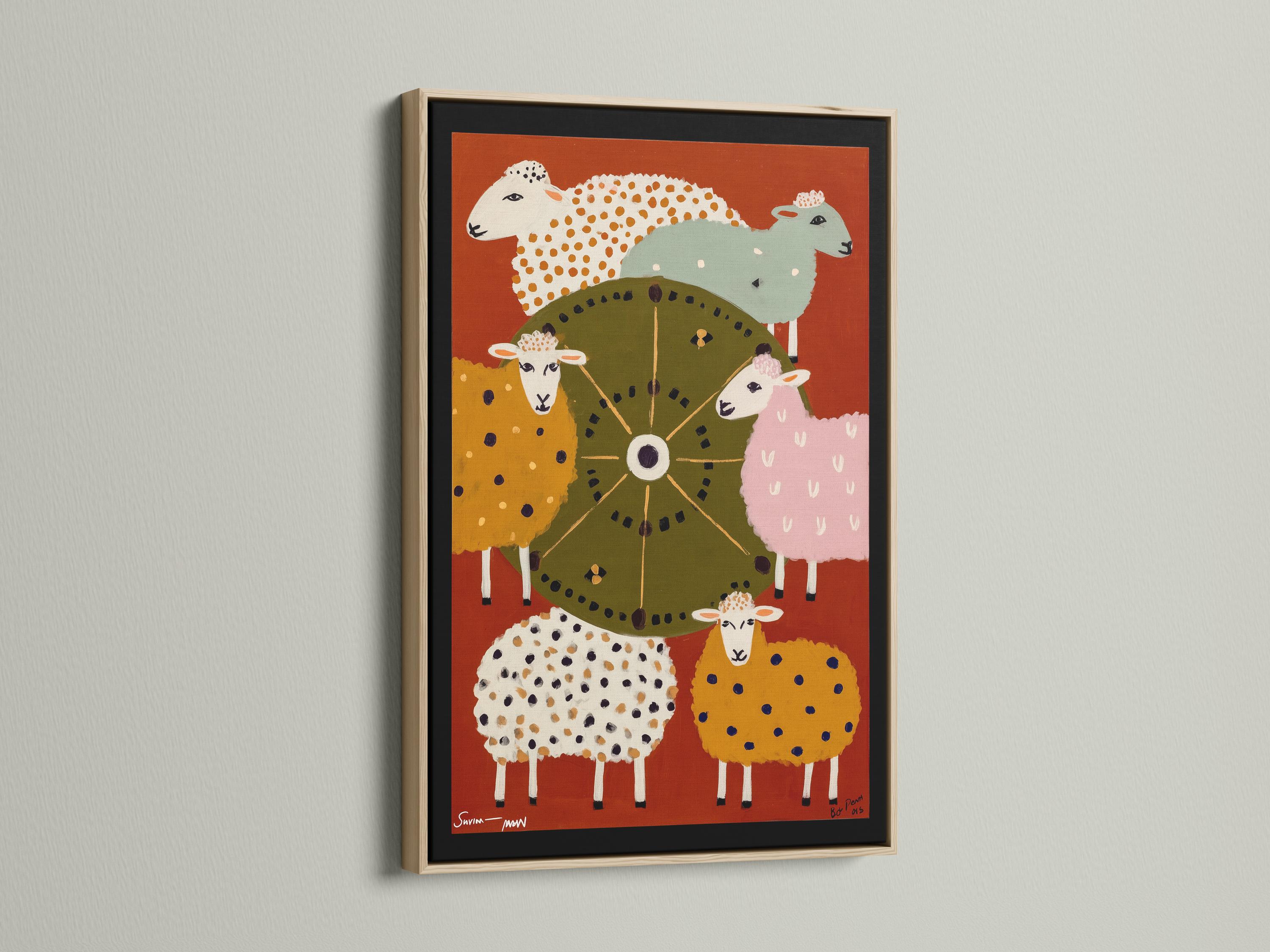 Colourful folk-style sheep illustration with a central wheel motif on a warm orange background detail view