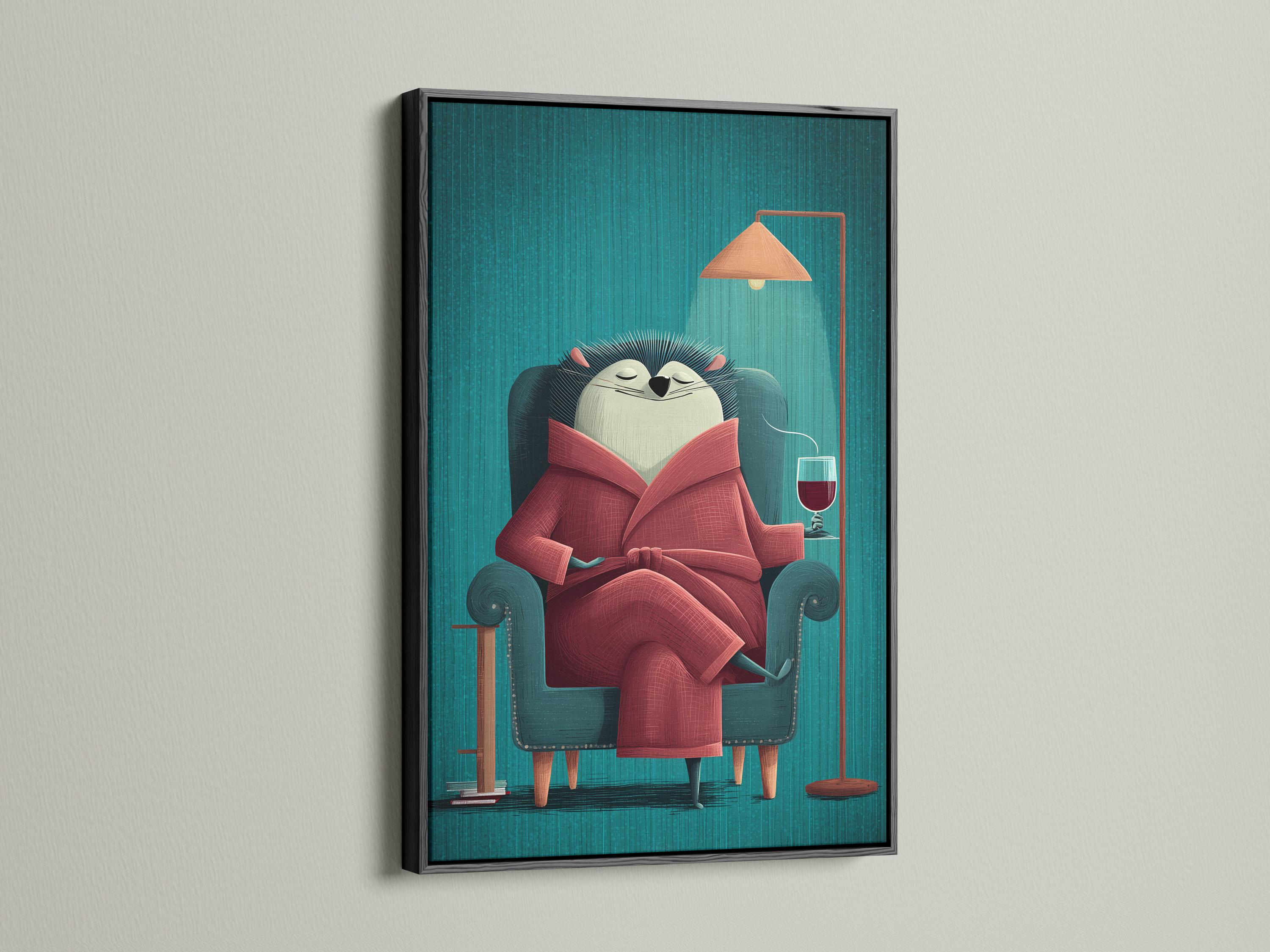 A hedgehog in a teal armchair reads a large red book, outlined by stylised quills on a striped teal background with an orange lamp and a wine glass