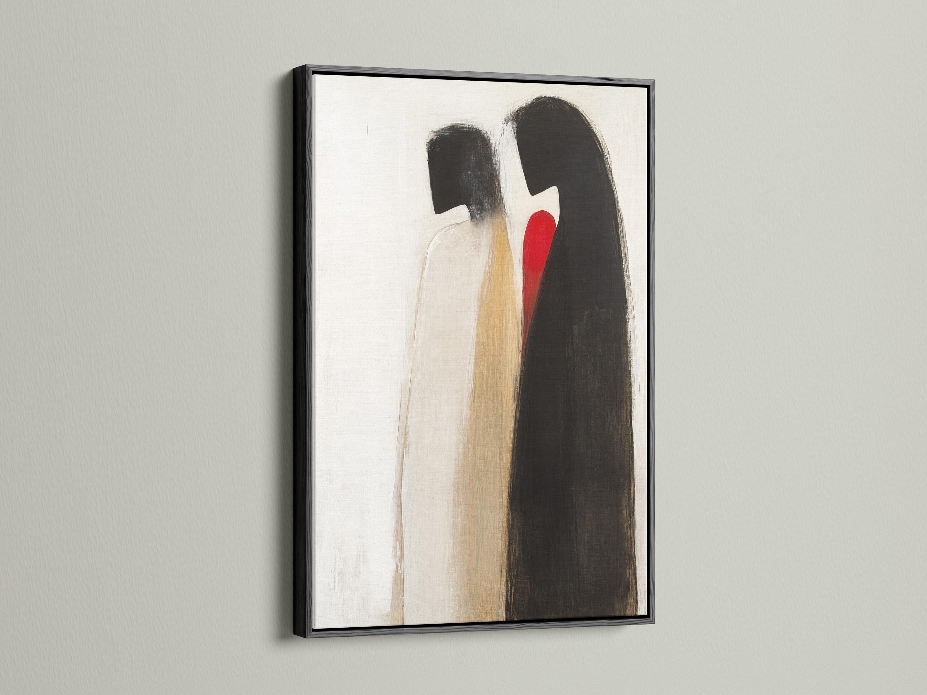 Abstract couple figures in charcoal black and beige embracing on a cream background with a small red accent detail view