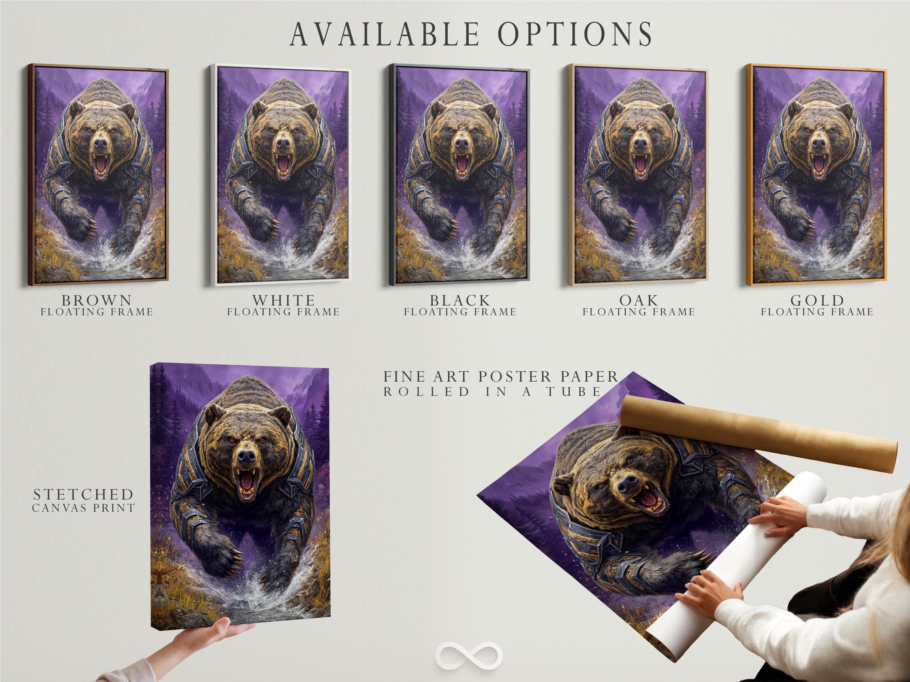 Roaring armoured bear in a purple mountain fantasy scene with gold accents and a white splash detail view