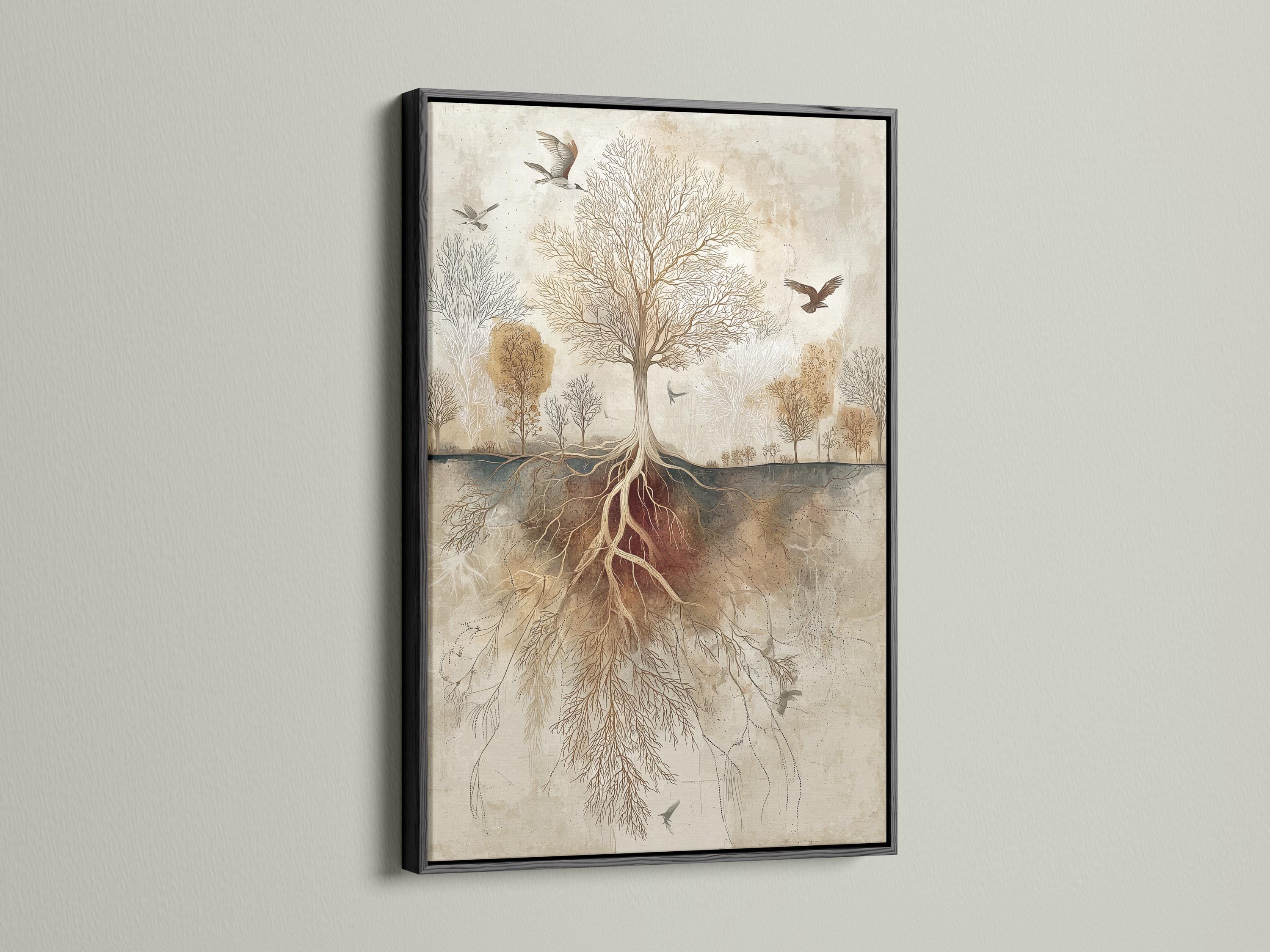 Beige tree-of-life botanical illustration with exposed roots and birds flying detail view