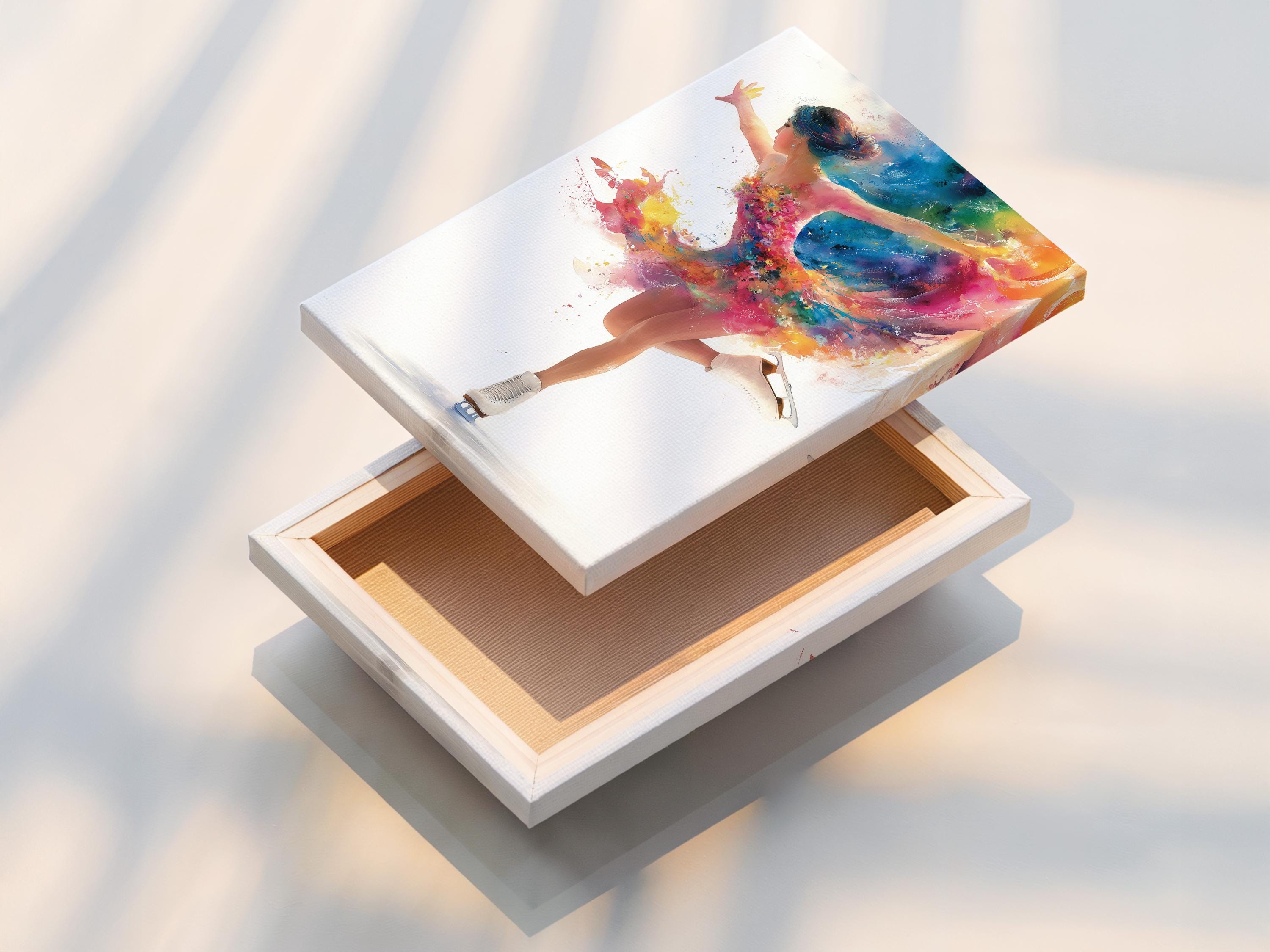 Stylised figure skater dancer with multicolour paint-splash motion over a white background detail view