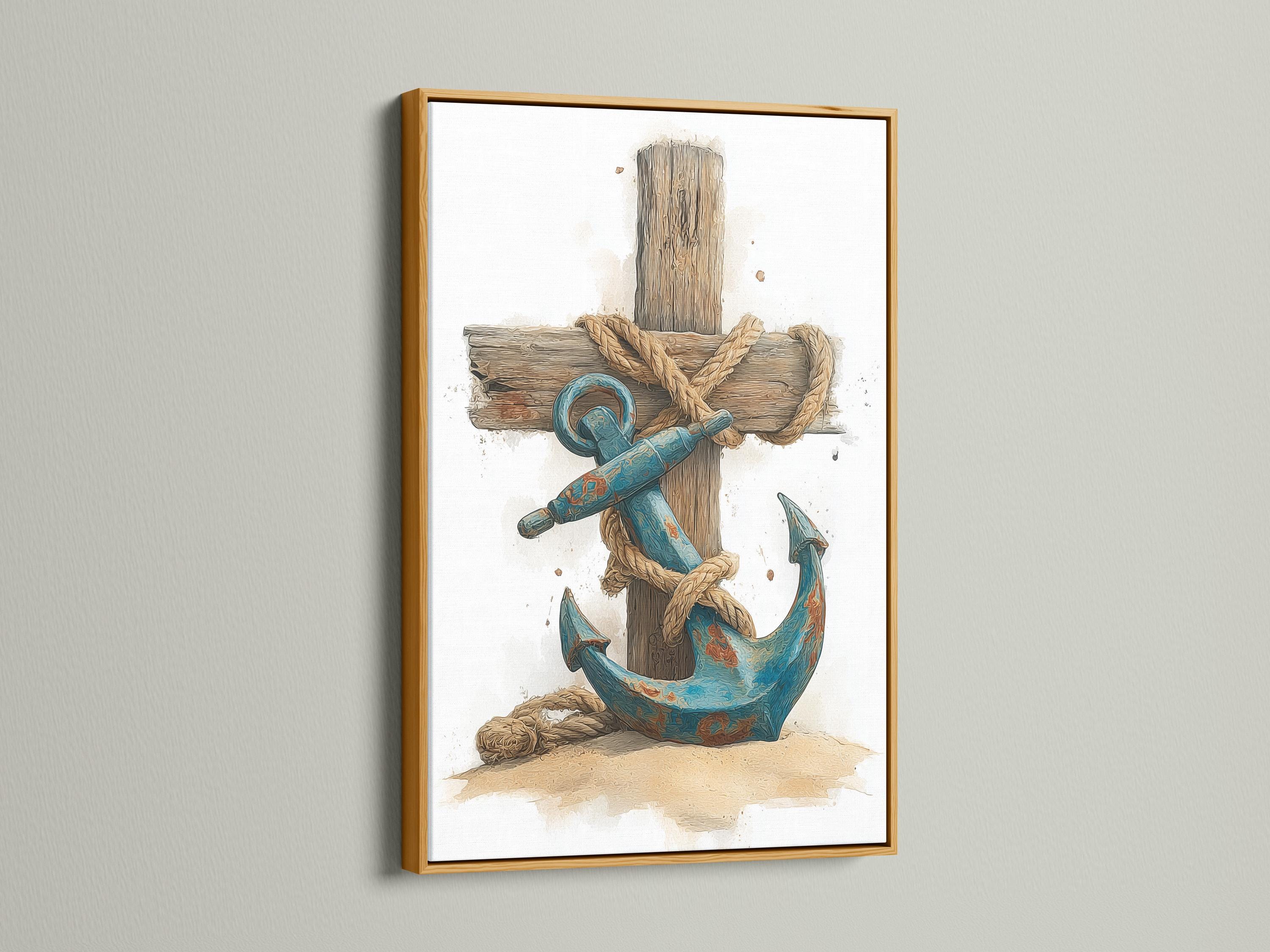 A distressed nautical illustration shows a large rope-wrapped wooden cross/anchor shape with a coiled blue rope motif and seabed tones against a pale