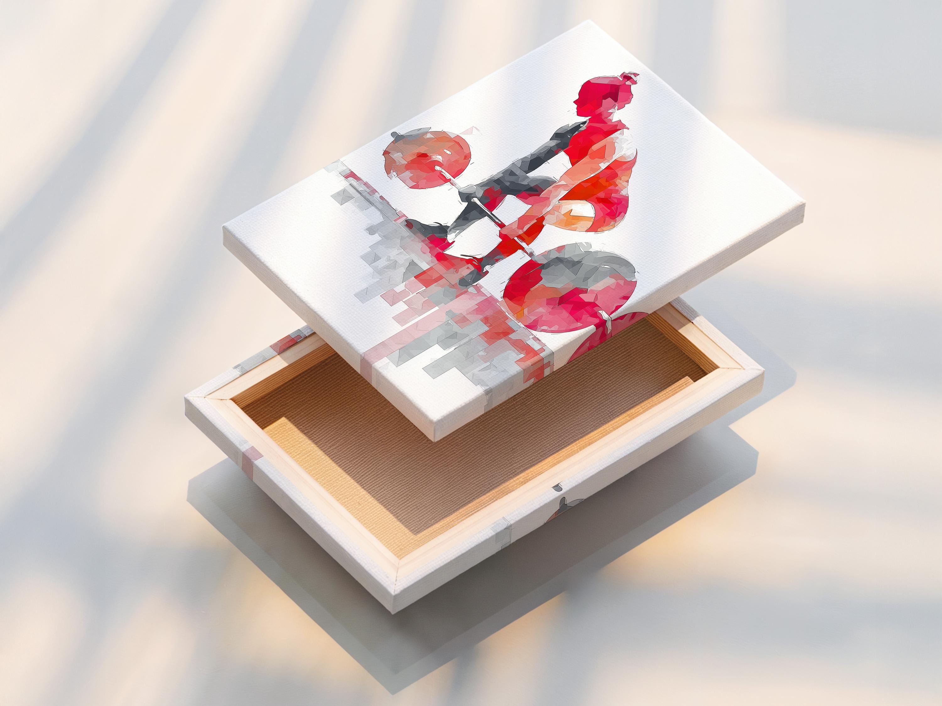 Fitness artwork mockup showing a red and grey weightlifter lifting a barbell inside a frame