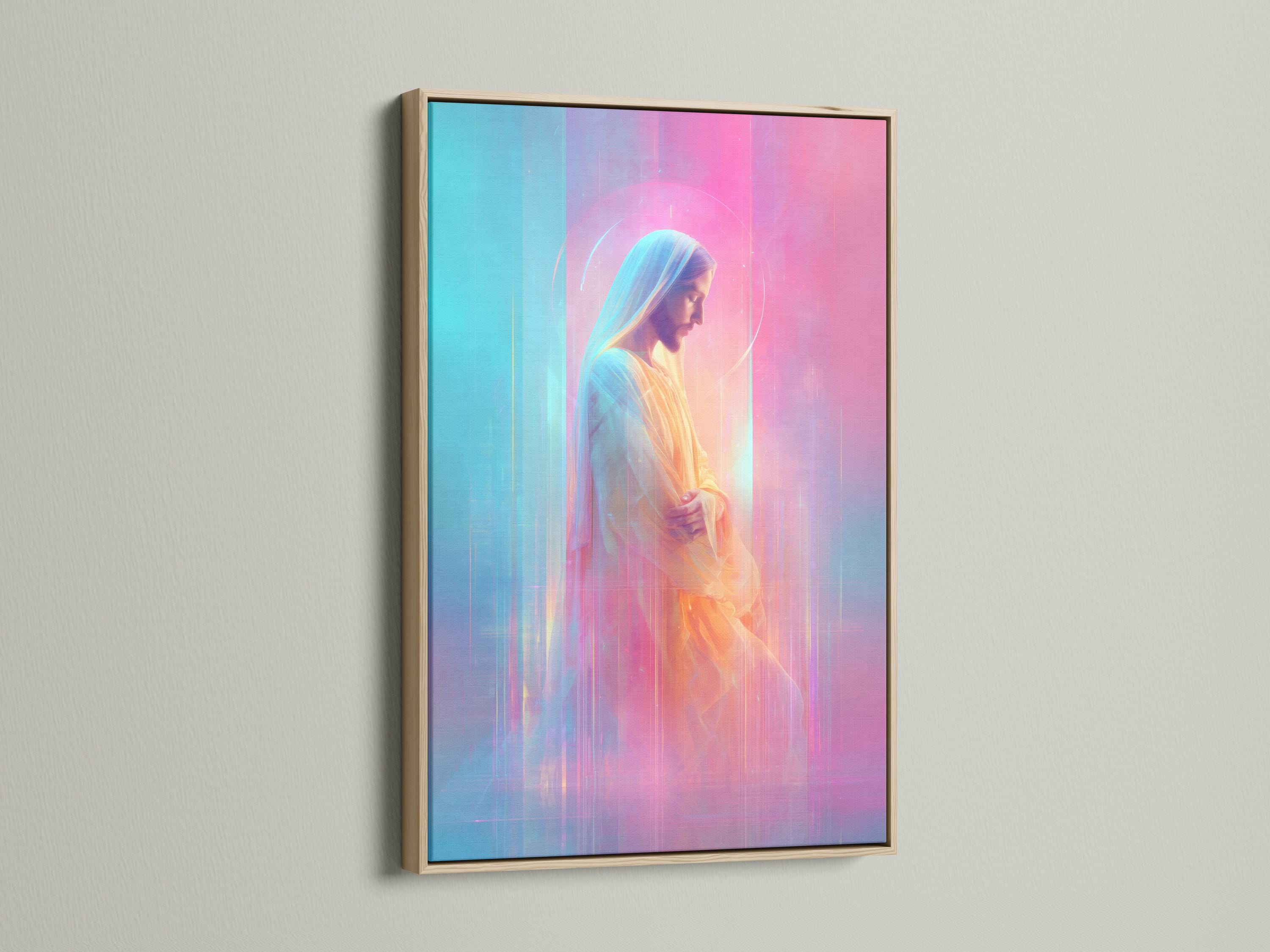 Stylised Jesus Christ portrait in profile with a glowing halo, pink and aqua background detail view