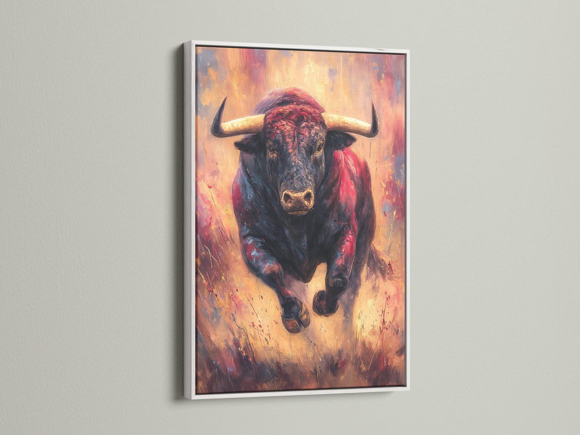Portrait of a bull with dark charcoal and black tones, red highlights and warm gold accents detail view
