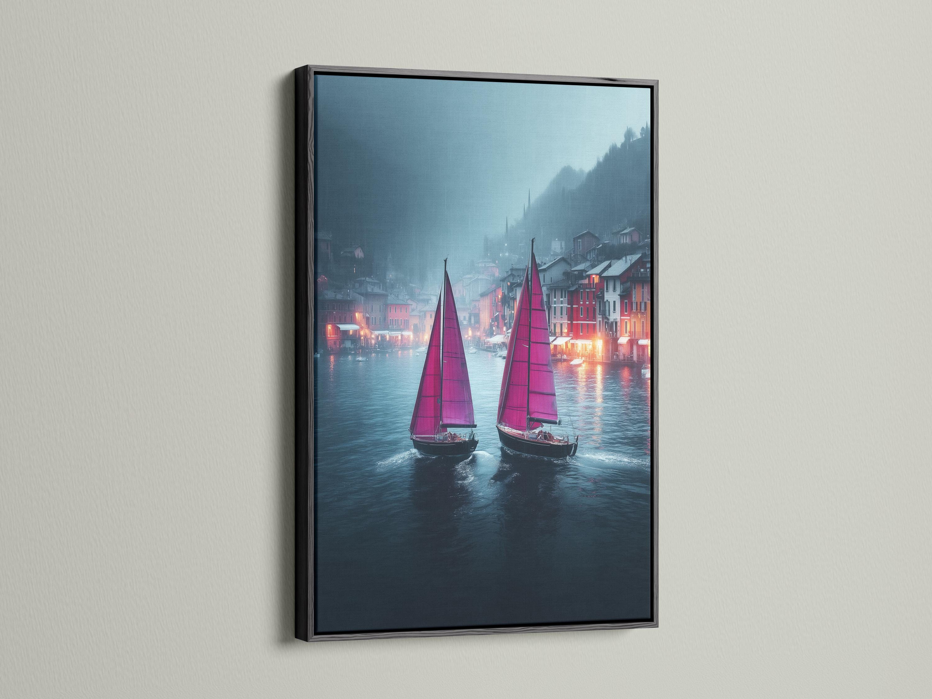 Two sailboats with tall pink sails on a misty blue-grey river, reflected in the water detail view