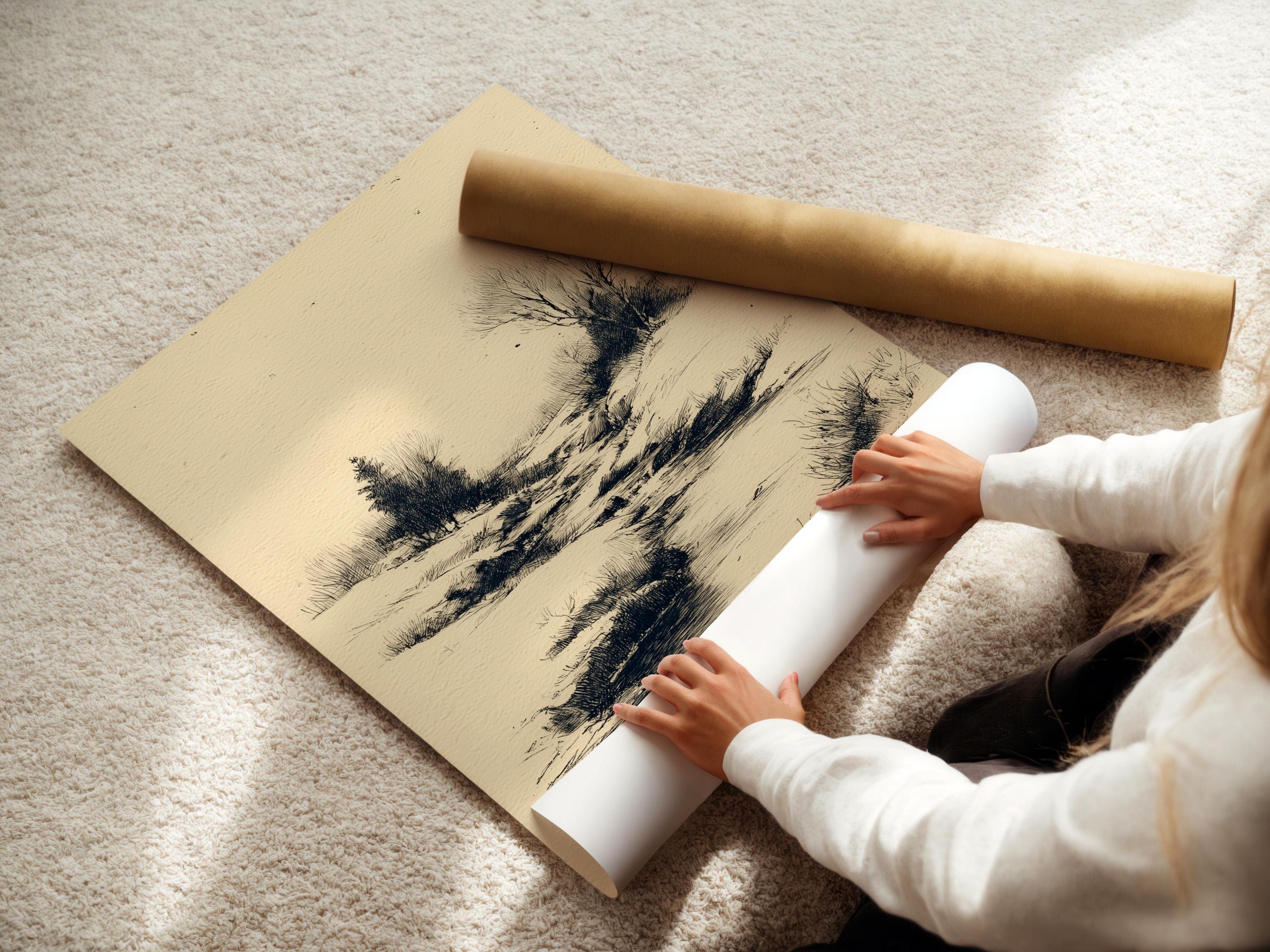 Woman holding a large framed beige river landscape sketch on a light wall in a bright room