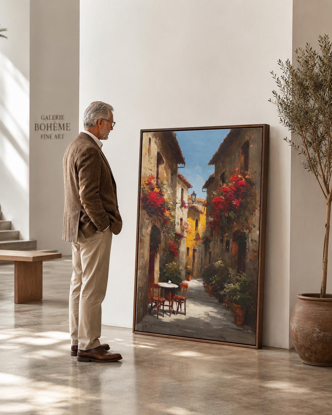 A sunlit alley scene with warm golden light, red flowering vines, and old European buildings leads the eye to a small table in the distance detail