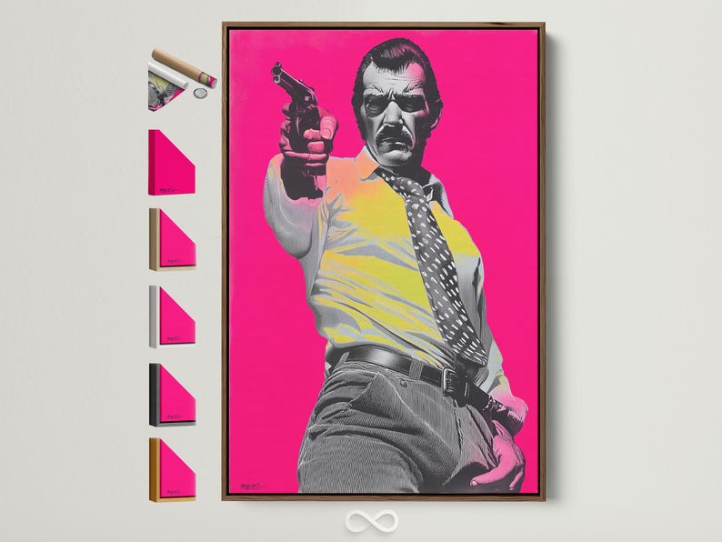 Hot-pink pop-art portrait of a man holding a handgun in black-and-white halftone style