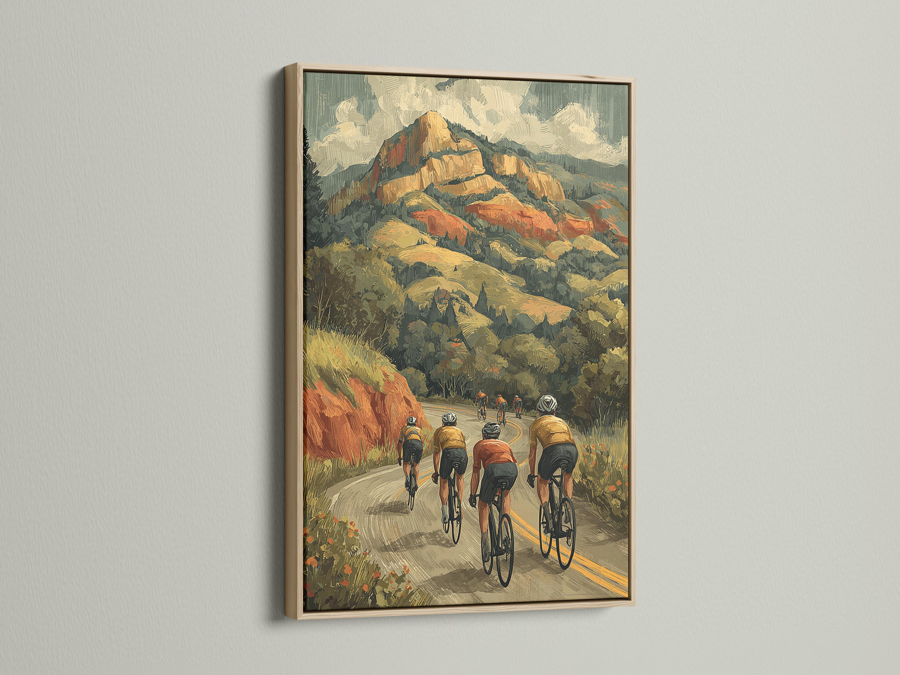 Retro mountain cycling scene with several cyclists riding on a winding road through forested hills detail view