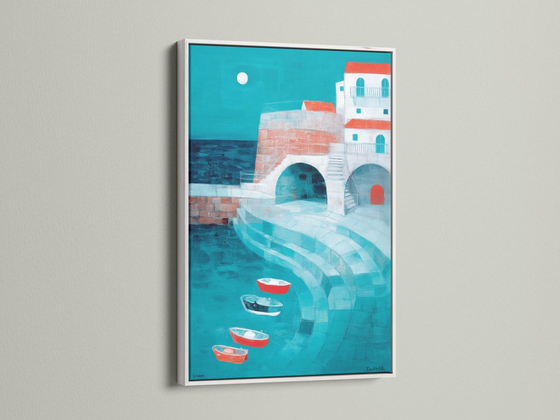 Turquoise harbour seascape with a rounded archway, white buildings, red boats and a pale moon detail view