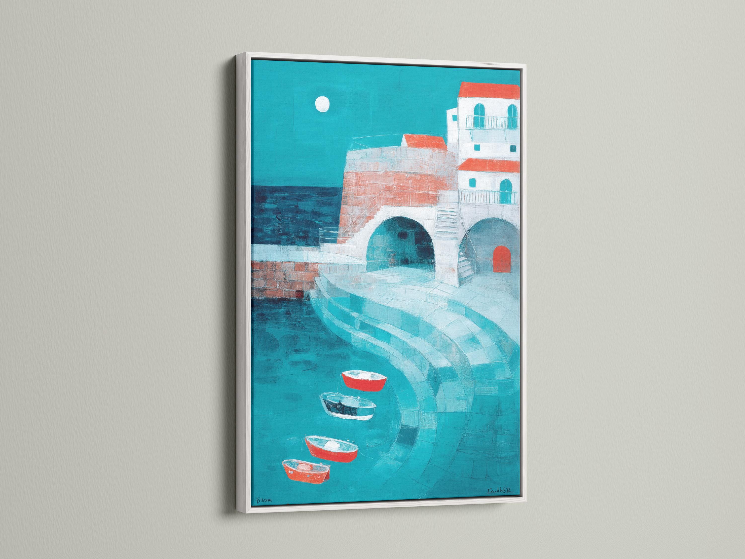 Turquoise harbour seascape with a rounded archway, white buildings, red boats and a pale moon detail view