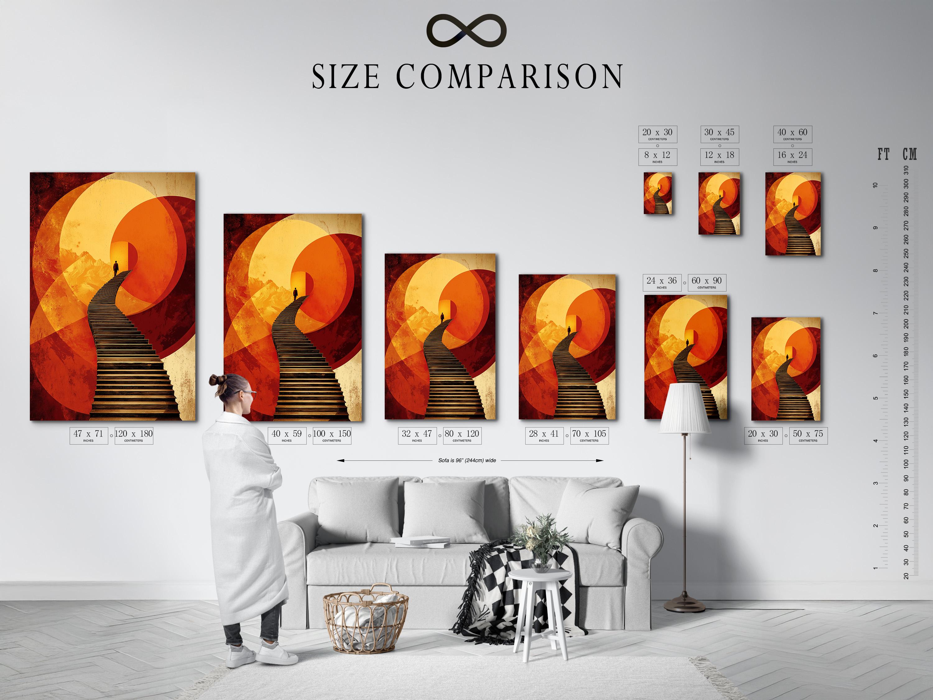 Warm orange and gold geometric arch artwork with a diagonal staircase and a dark silhouetted figure detail view