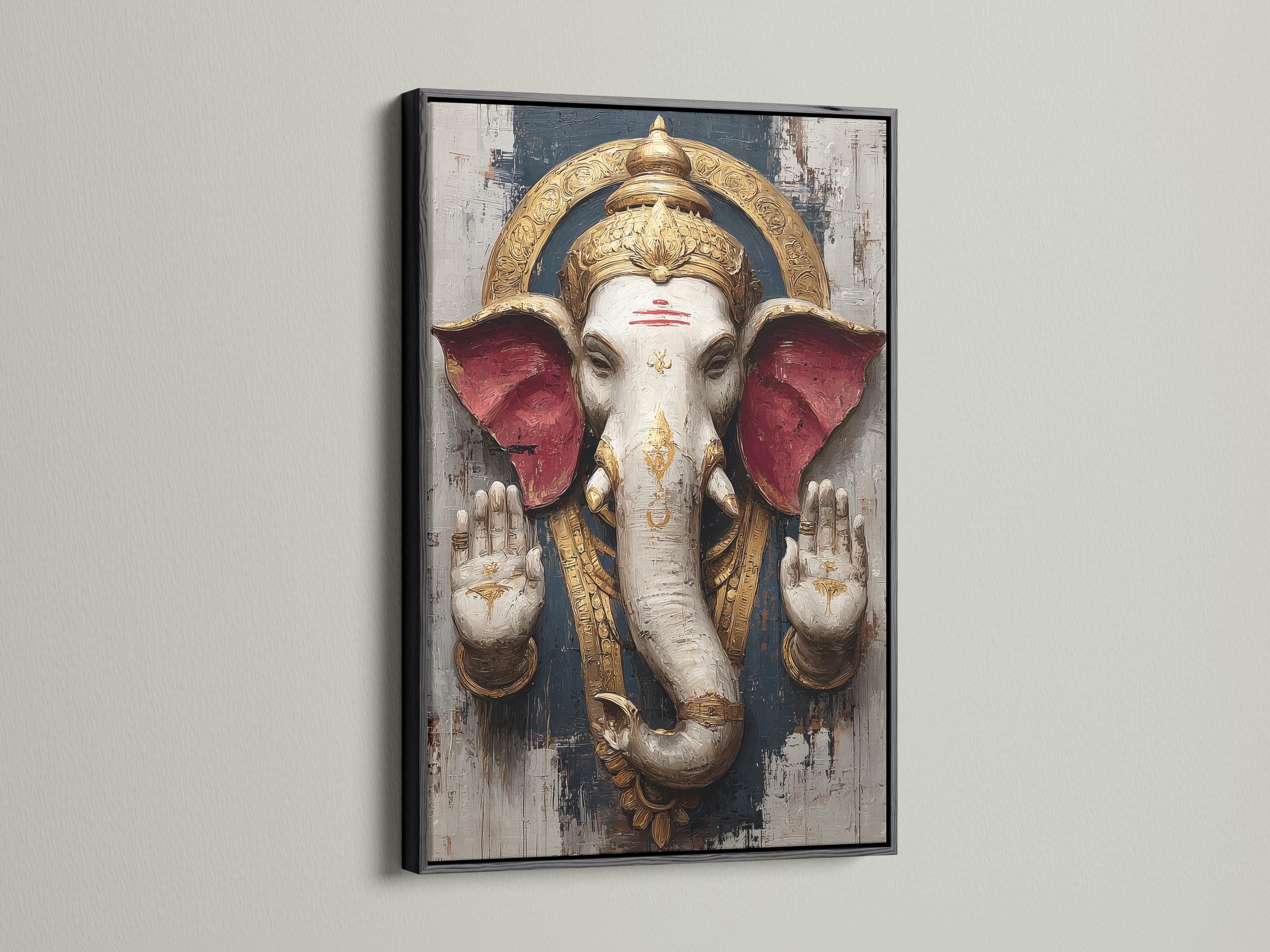 Stylised elephant-headed deity figure with gold crown and red wing-like shapes on a textured charcoal background detail view