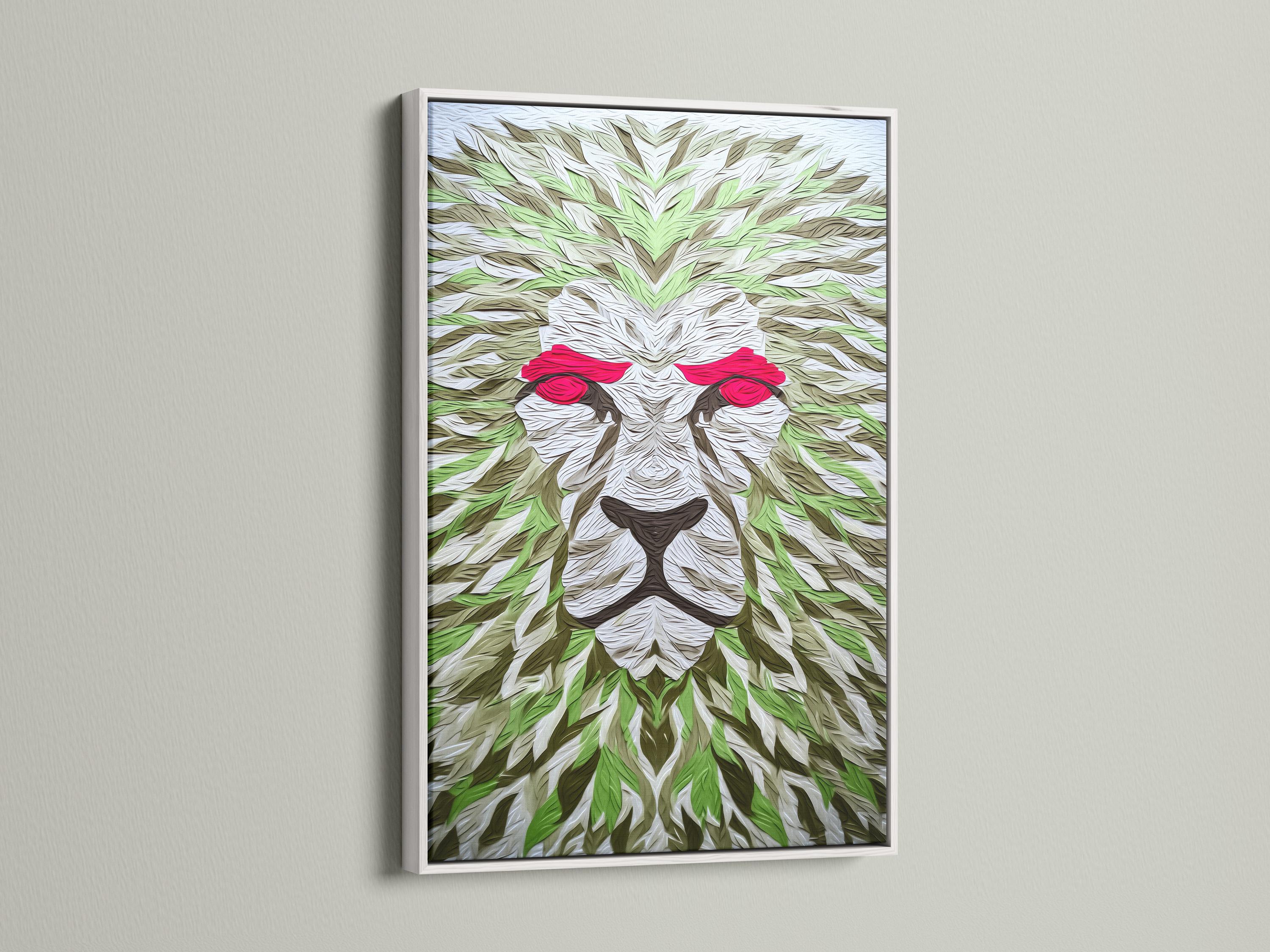 Room mockup showing a large lion artwork with green leaf pattern and red eyes above a bed