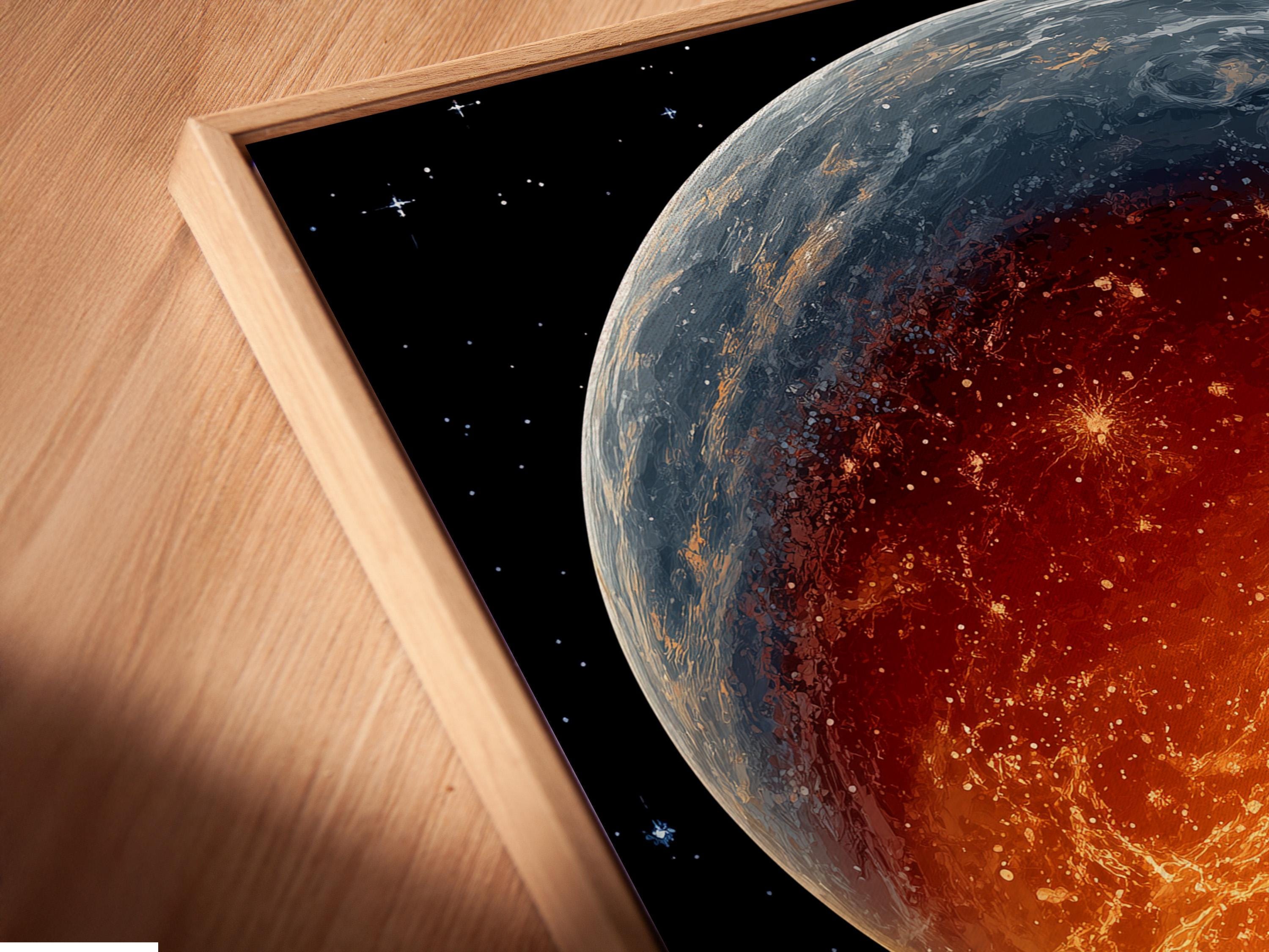 Room mockup showing a framed retro sci-fi rocket launch artwork on a wall