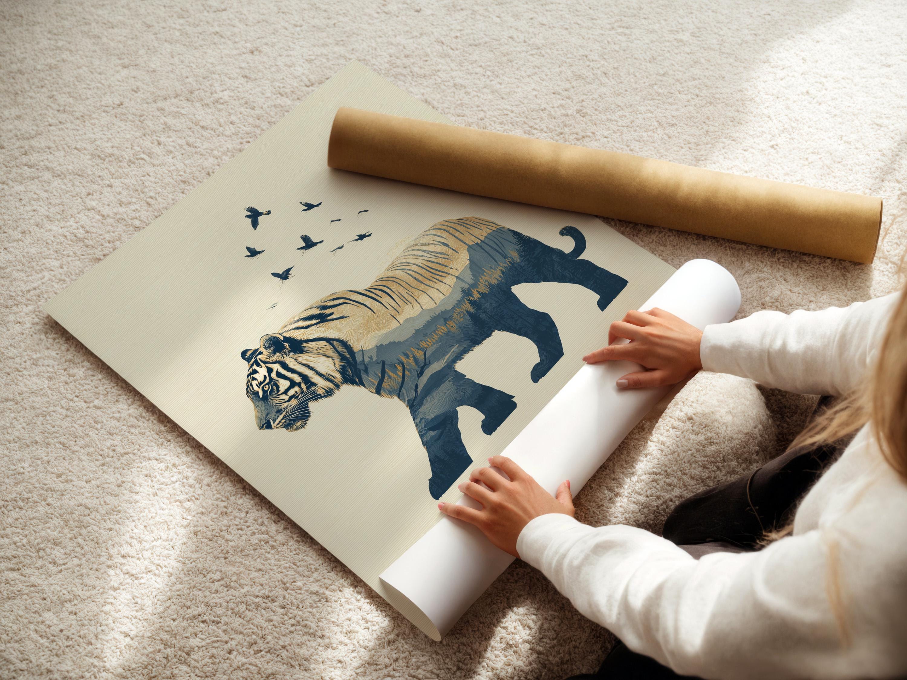 Minimalist tiger silhouette in navy with birds in flight above and layered mountains below detail view