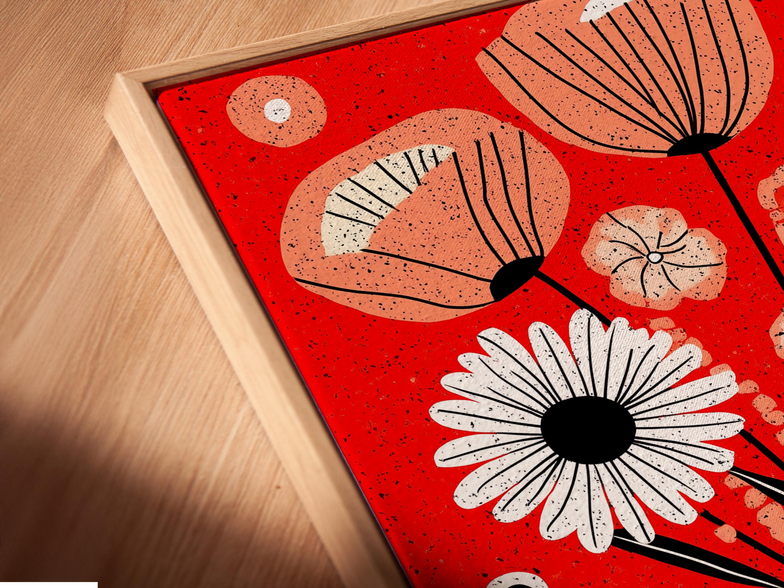 Woman looking at red anchor floral artwork in a modern room