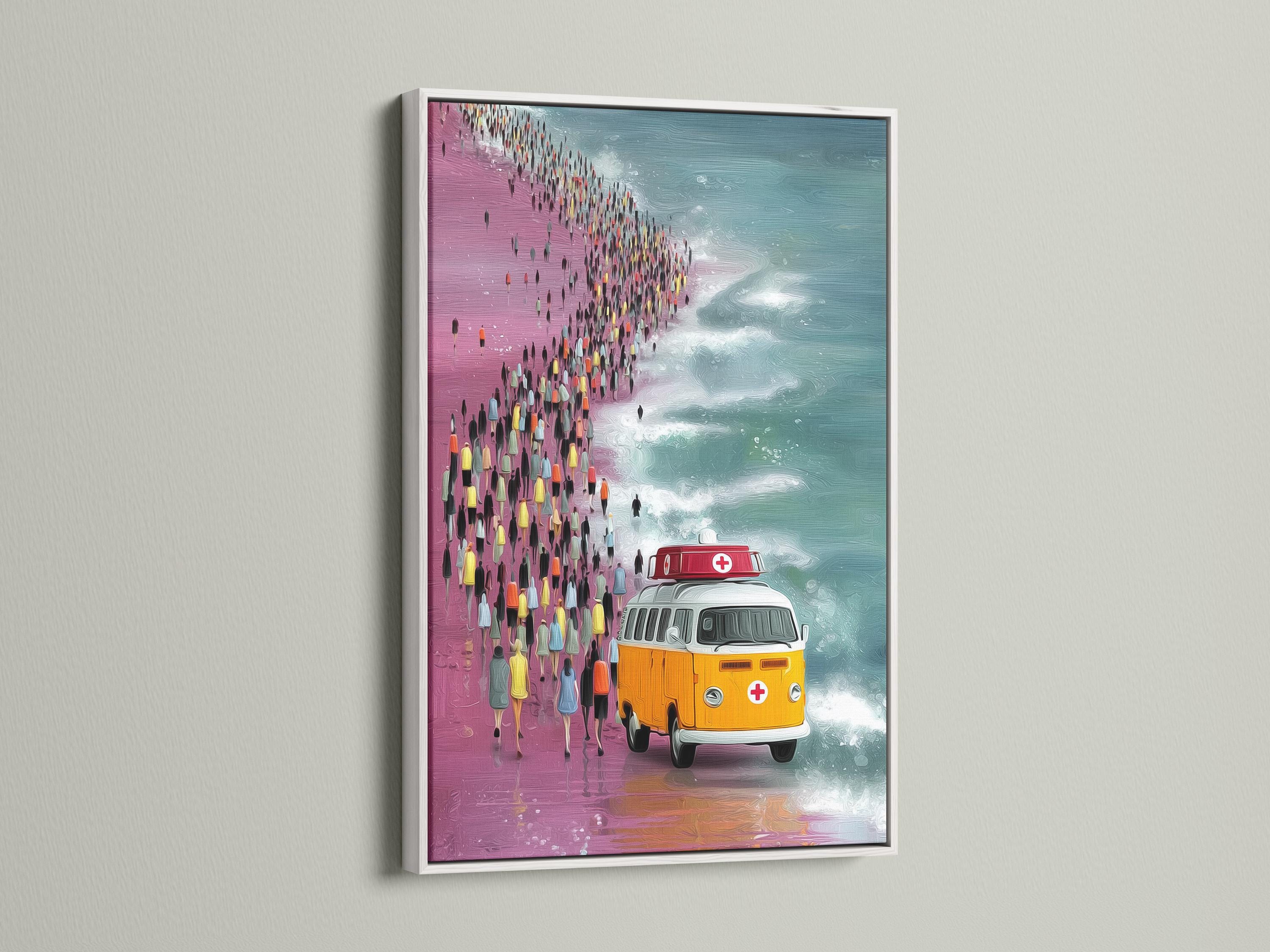 Retro beach rain scene with a yellow bus, a red emergency van and teal sea waves detail view