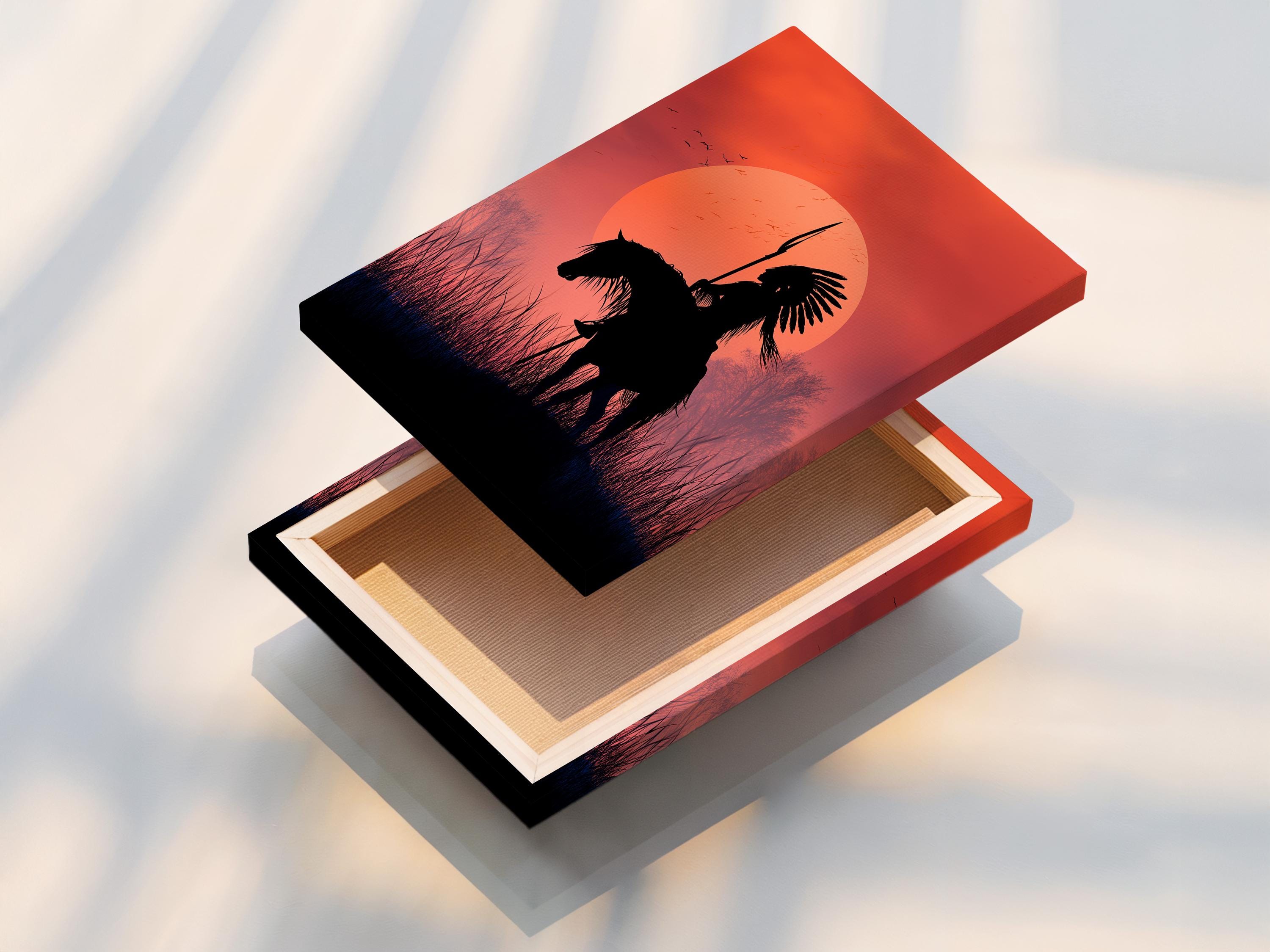 Black silhouette of a rider on horseback with an upright spear in front of a glowing sunset sun and grasses detail view