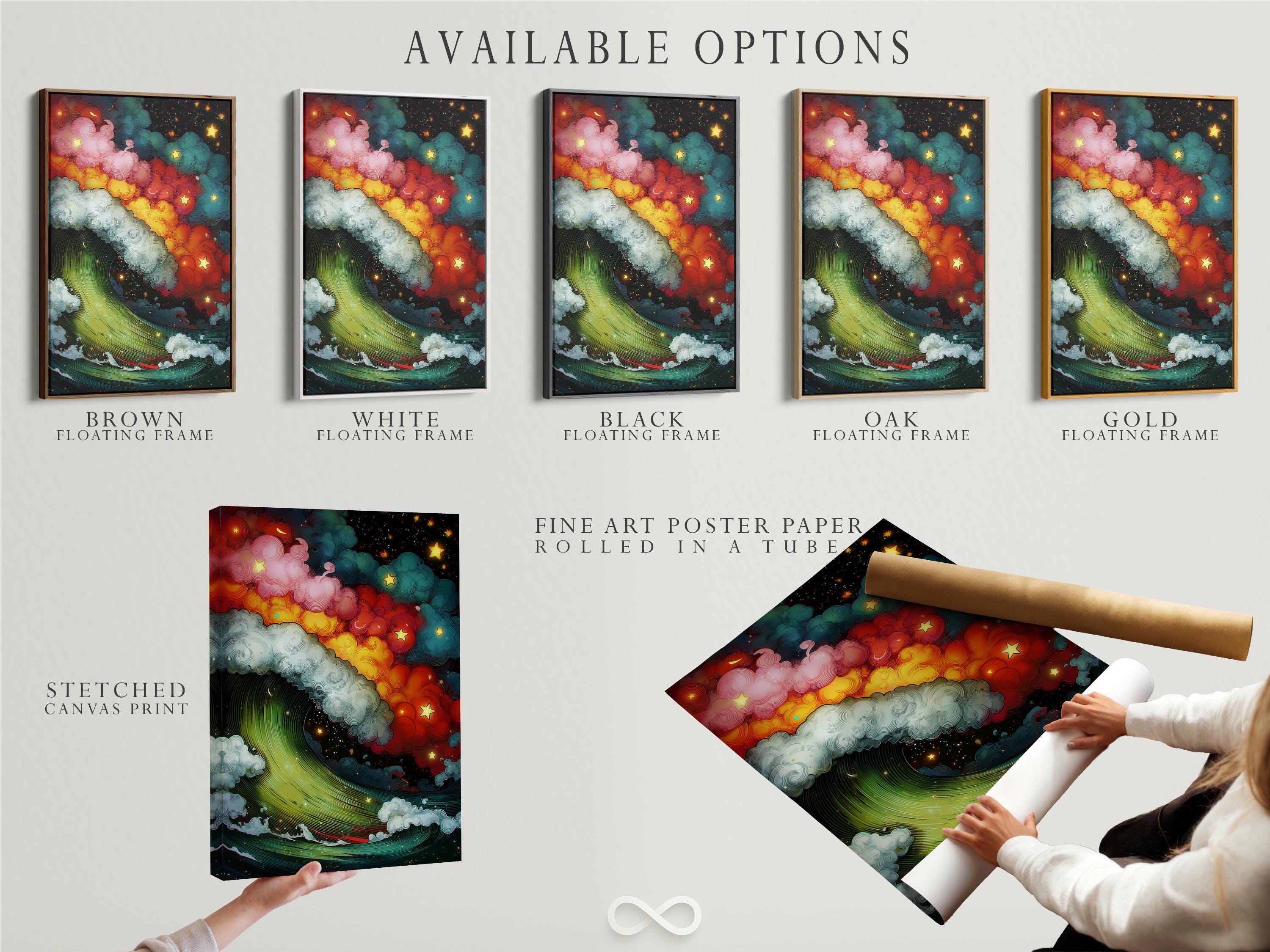 Starry ocean wave artwork with swirling clouds and gold stars in teal, red, and emerald green detail view