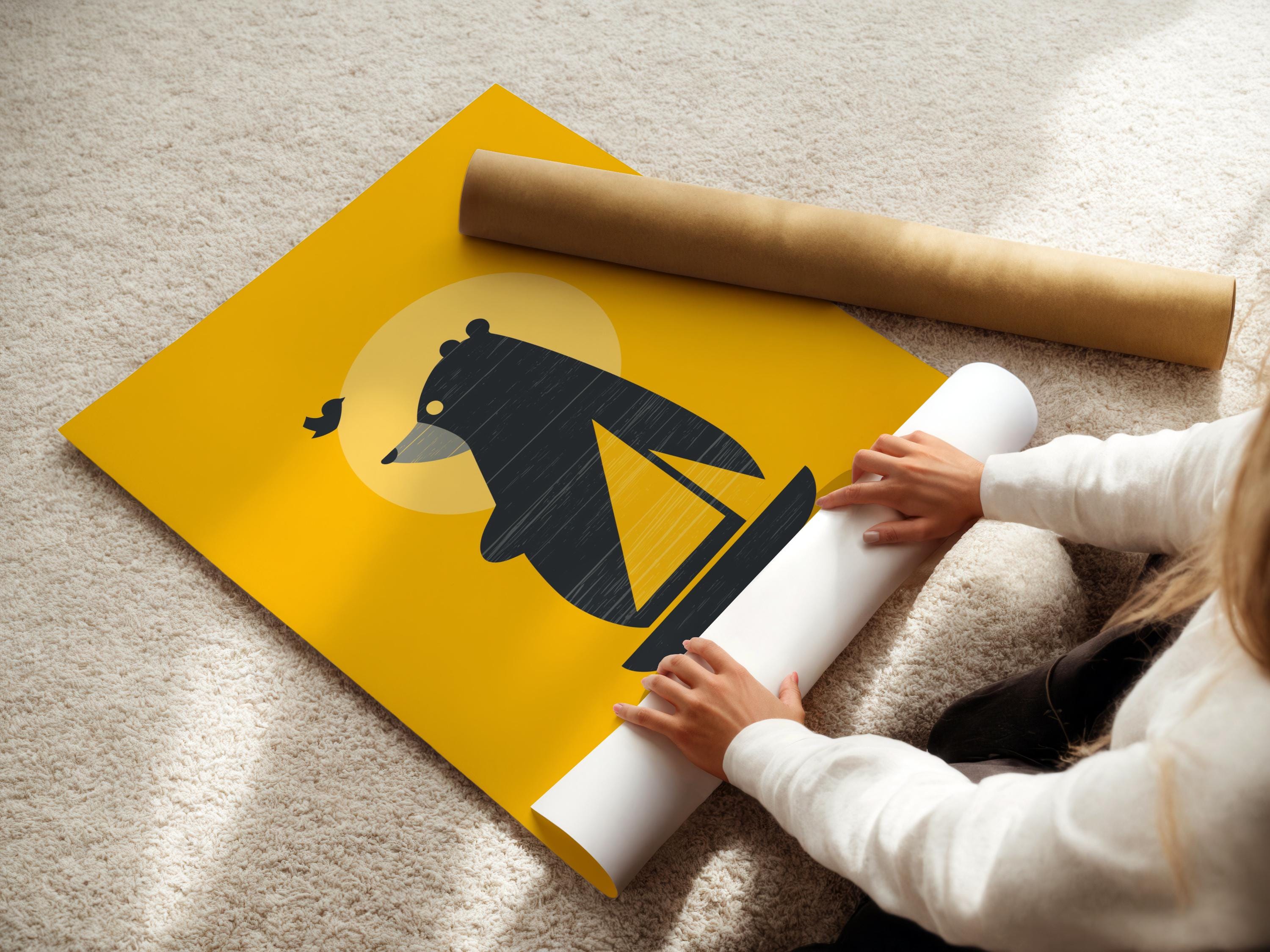 Room mockup showing a framed minimalist bear on a boat artwork on a yellow background