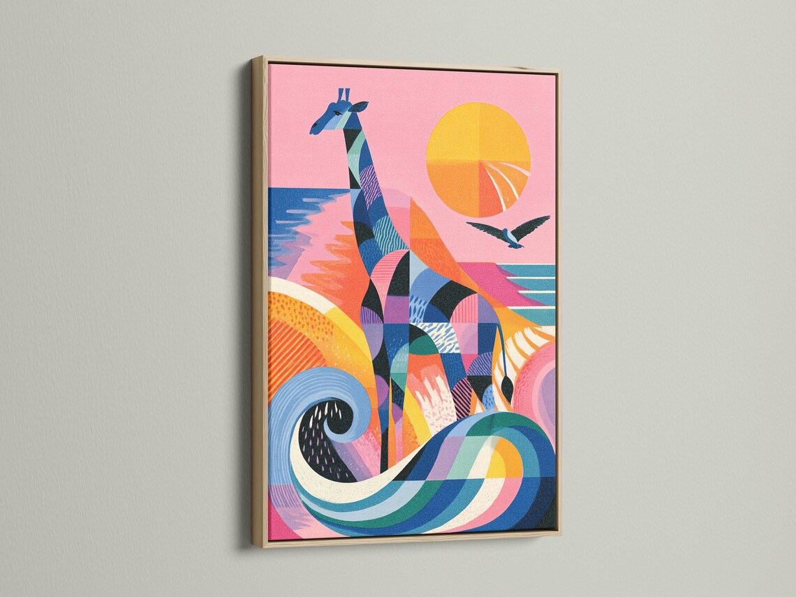 Colourful geometric giraffe artwork with birds in flight and a sun-like circle on a pink background detail view
