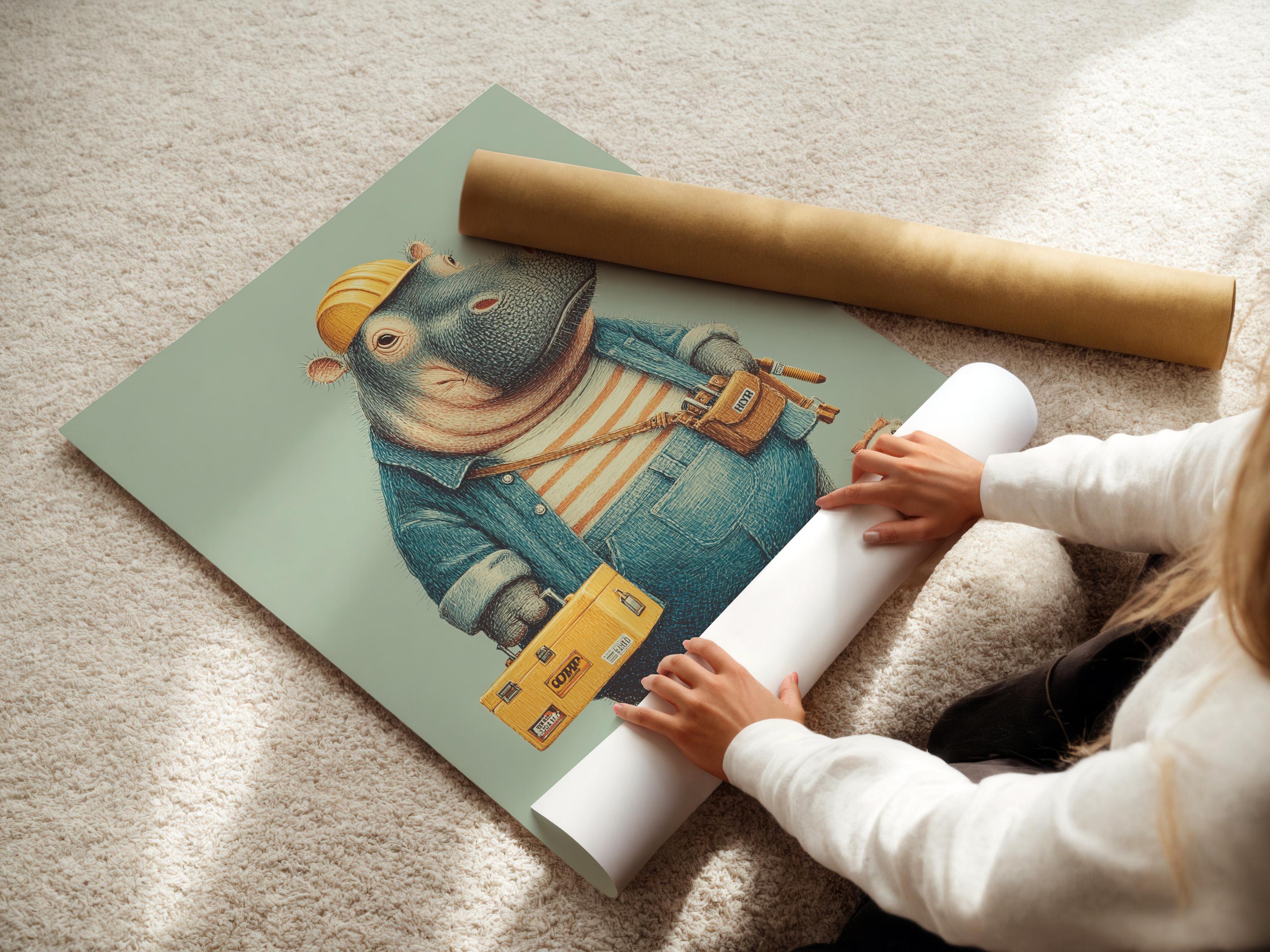 A family sitting on a bed looking at a framed hippo builder artwork above a shelf