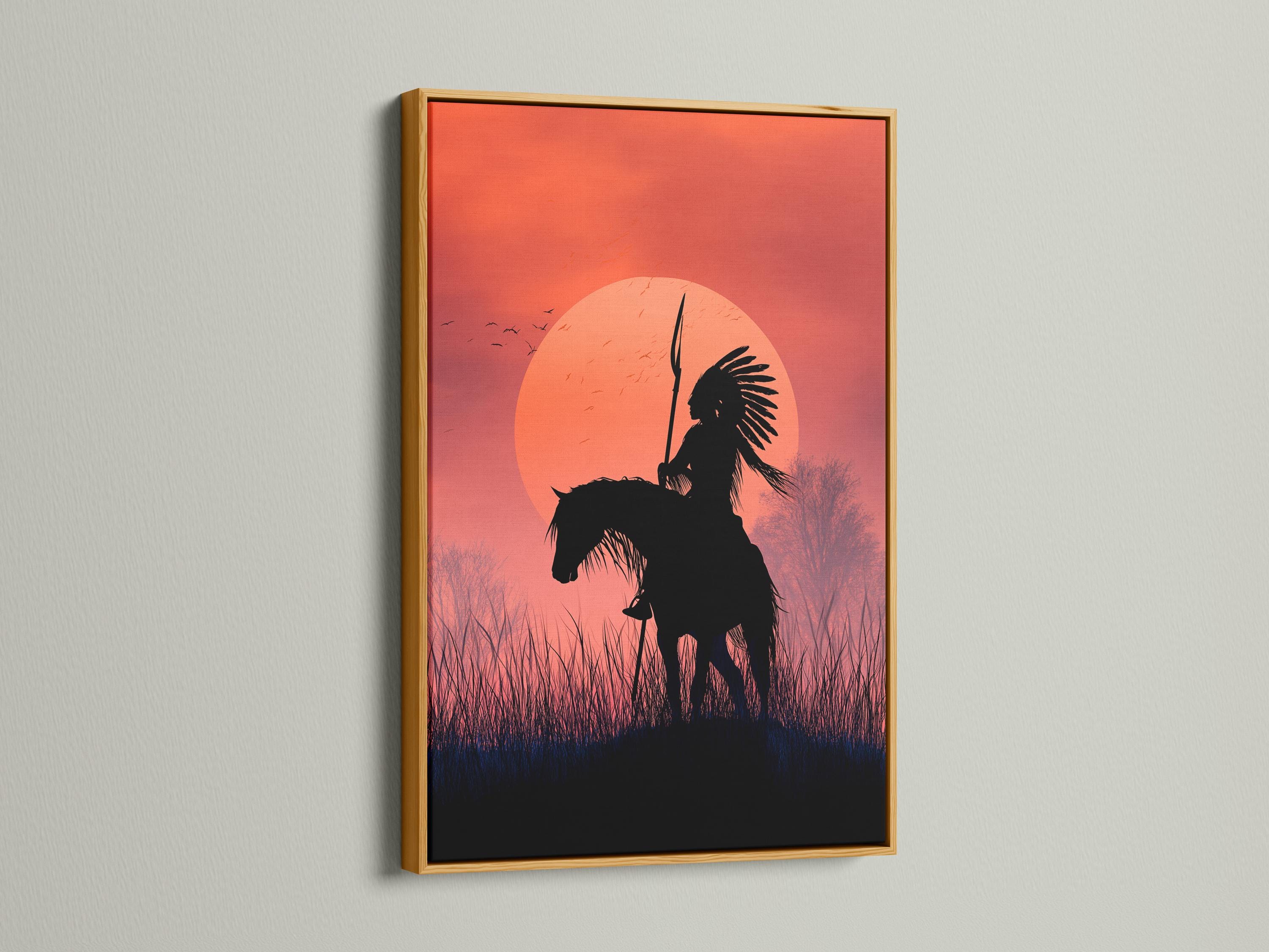 Black silhouette of a rider on horseback with an upright spear in front of a glowing sunset sun and grasses detail view