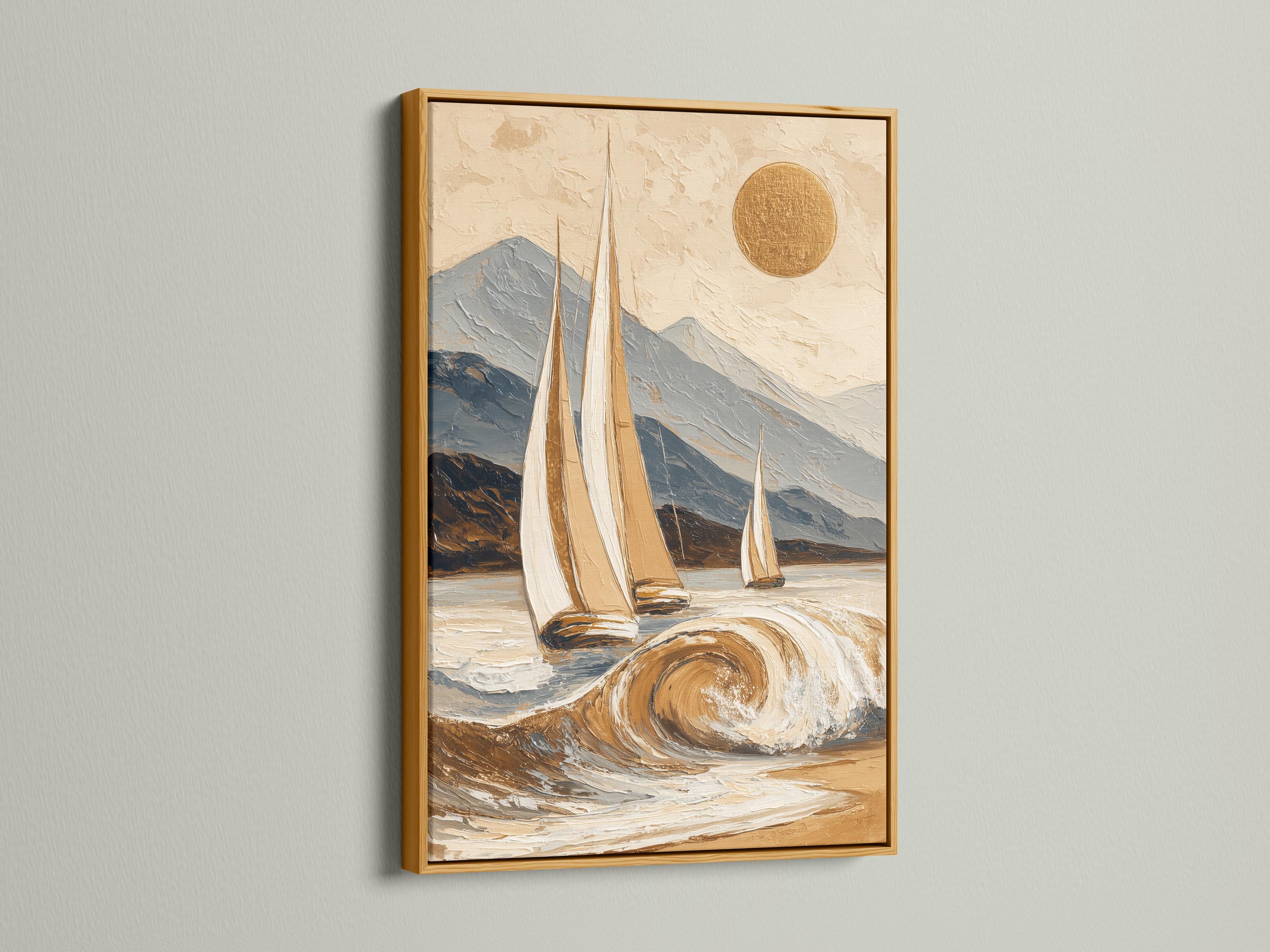 Painterly sailboat seascape with swirling waves, mountains and a gold sun detail view