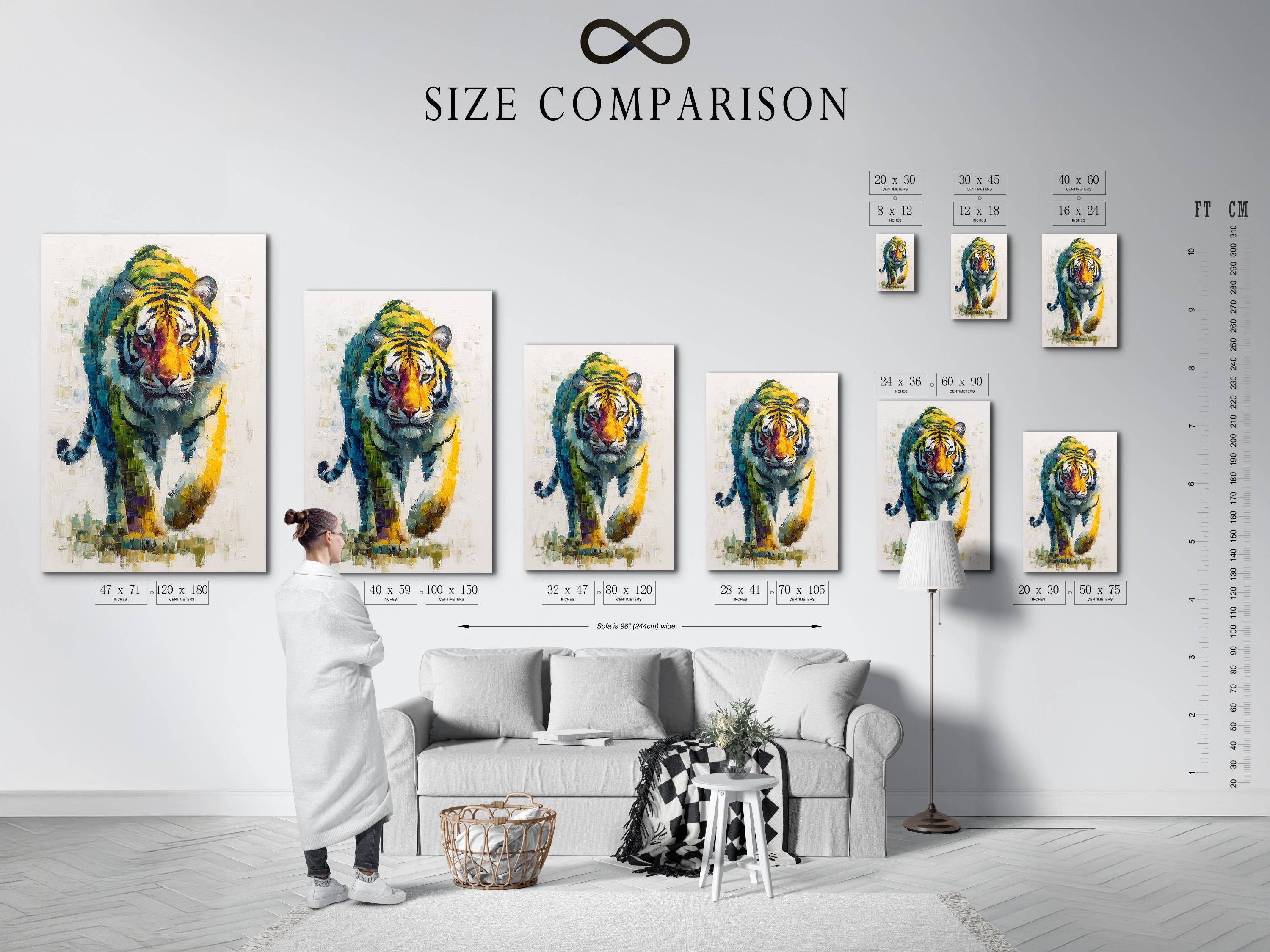 A painterly tiger portrait with layered blue, green and yellow mosaic-like brush strokes detail view