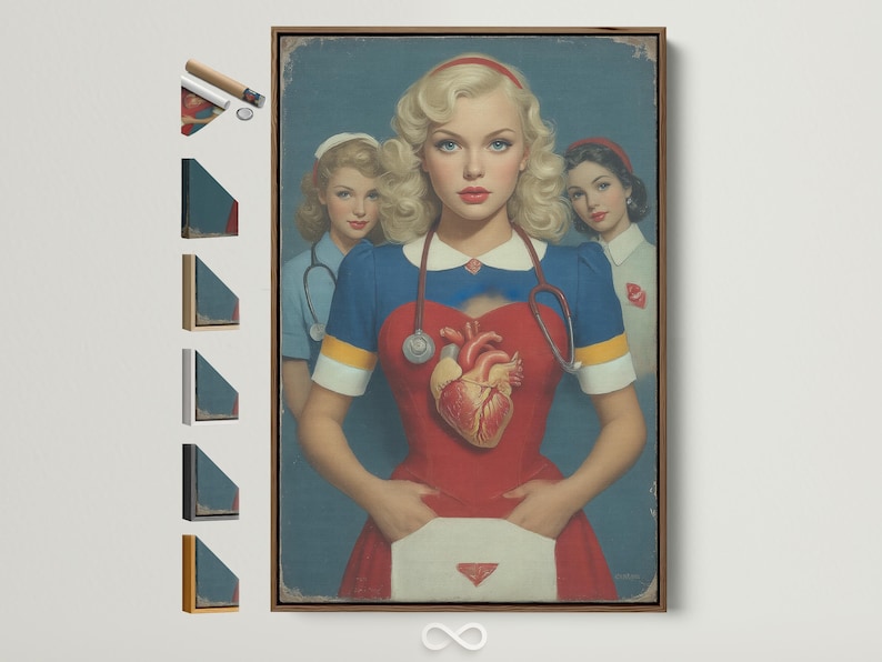 Vintage portrait of three nurses with a central anatomical heart and stethoscope