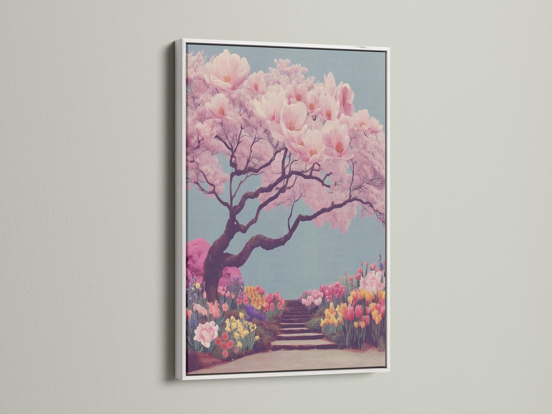 Cherry blossom tree illustration with pale pink blossoms and a winding flower-lined path detail view